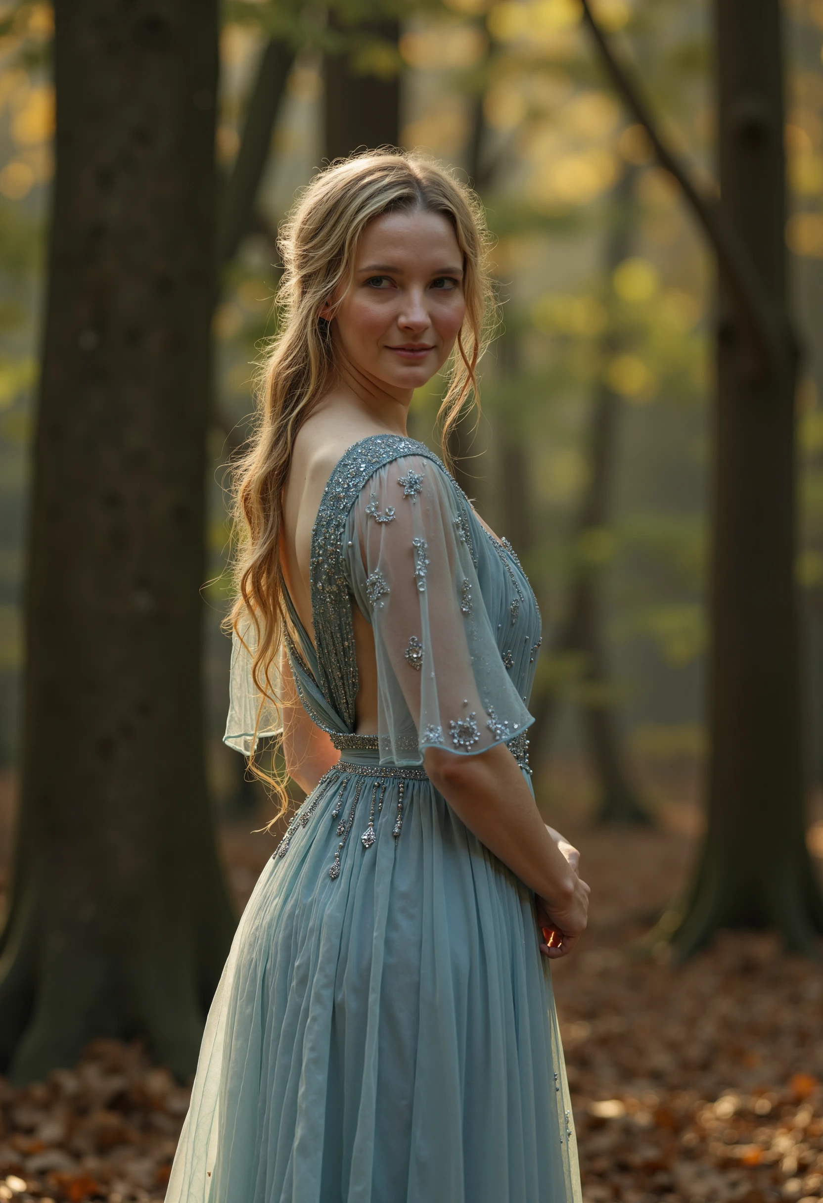 g4l4dr1el, raw photo of a woman wearing an elegant dress, in a forest, 8k, masterpiece, brilliant composition