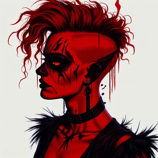 stylized image of a strong red-skinned woman with horns and a messy faux-hawk hairstyle and black scrappy clothing