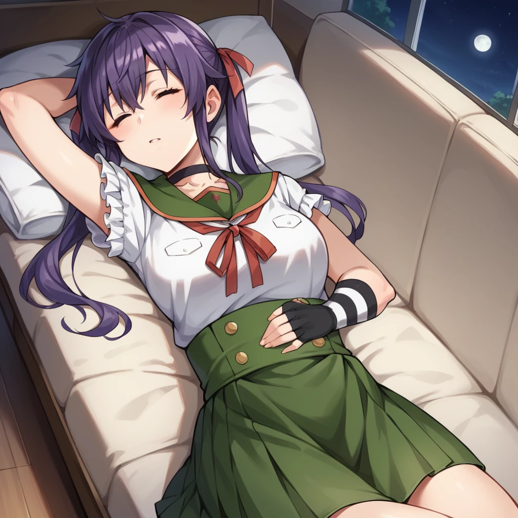 score_9_up, score_8_up, score_7_up, source_anime, masterpiece, best quality, 1girl, solo, Kurumi, moon light, starry sky, night sky, night time, no light, school, storage room, lying on back on couch, sleeping, closed eyes, parted lips, hand on stomach, hand behind head, head on pillow, long hair, twintails, purple hair, school uniform, high-waist skirt, green skirt, double breasted, white shirt, striped arm warmers, red ribbon, pleated skirt, short sleeves, green sailor collar, fingerless gloves, black choker, frilled shirt, neck ribbon, mature body, dynamic cowboy shot, indoors, storage room background