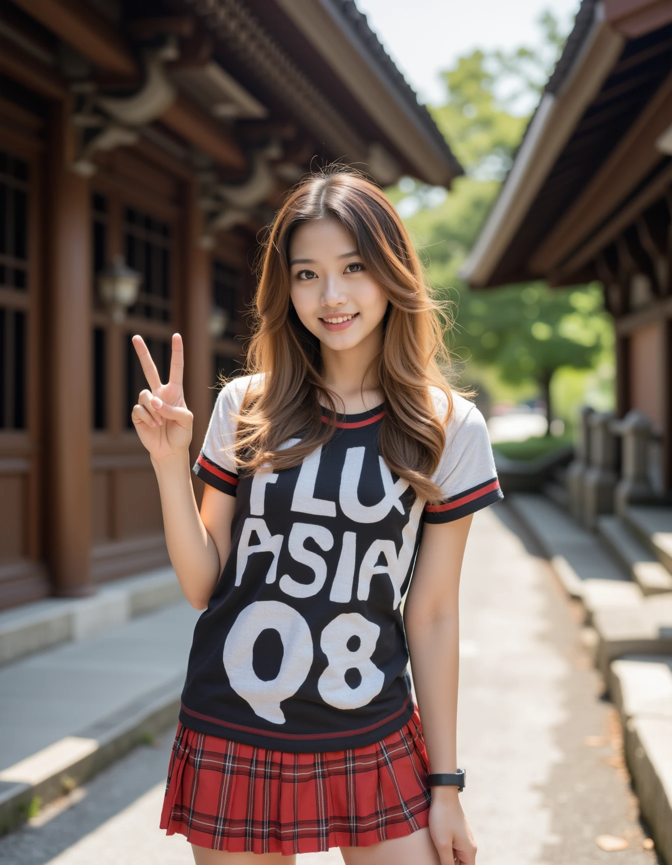 A photograph of an incredibly beautiful 18-year-old girl with long, stylish gradient brown hair, standing confidently at a street during daylight. She is wearing a shirt painted "FLUX ASIAN Q8" in boldly large, readable lettering, making the message stand out clearly. Her hand posing V symbol to viewer. Her outfit includes a red plaid pleated mini skirt that adds a touch of youthful energy and vibrancy to her look, complementing the serene and historic backdrop of the temple. The natural light highlights her confident posture and elegant features, while the traditional architecture of the temple, with its wooden beams and intricate design, contrasts beautifully with her modern, stylish appearance. The atmosphere is serene, with the warm sunlight casting soft shadows and enhancing the overall balance between youthfulness and cultural heritage in the composition
