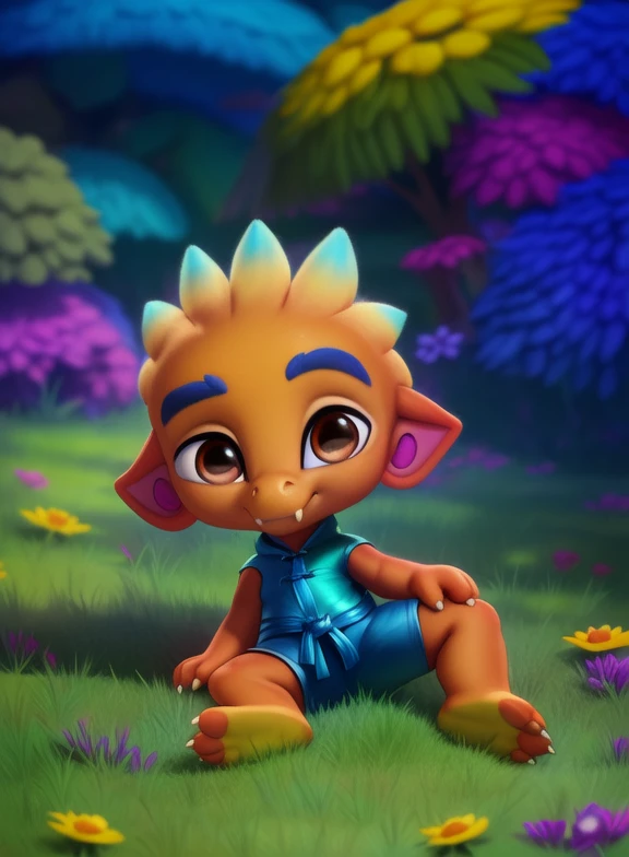 <lora:SpikeGongSupMonYif:1.1> SpikeGongSupMon, dragon, blue eyebrows, fangs, orange skin,  blue tips of scales on the head,( ears little, small ears), yellow claws, brown eyes, light blue shirt, blue belt, dark blue shorts, chibi,
Looks at the viewer,   day, [  solo, nature, day, clouds, waterfall, flover]   ((laying down, ,))
(beautiful, aesthetic, perfect, delicate, intricate, saturated colors), masterpiece, digital drawing, best quality,
by ulitochka, by taran fiddler, by Silverfox5213, by personalami,