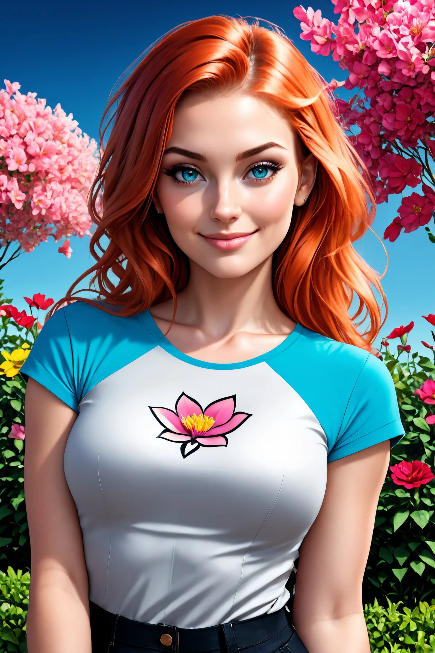 photo of woman playfully posing, looking at viewer, wearing a colorful flower pattern t-shirt, modest, shy, [Lavinia|Sadie], naughty smile, redhead hair loose waves, dark blue eyes, pretty eyes, detailed iris, playful, outside, garden, summer, green, flowers, detailed background, (closeup, extreme closeup), skin subsurface scattering, skin texture defects, [(psychedelic colorful paint explosion:1.3)::0.2], secret, realistic proportions, (analog style:0.8), wallpaper, ultra realistic, photorealistic, sharp focus, absurdres, HDR, high contrast, photograph, instagram, photography on film, 32mm, detailed and intricate, movie still, octane render, film, kodak, kodachrome portrait, 8K, highly-detailed, ,