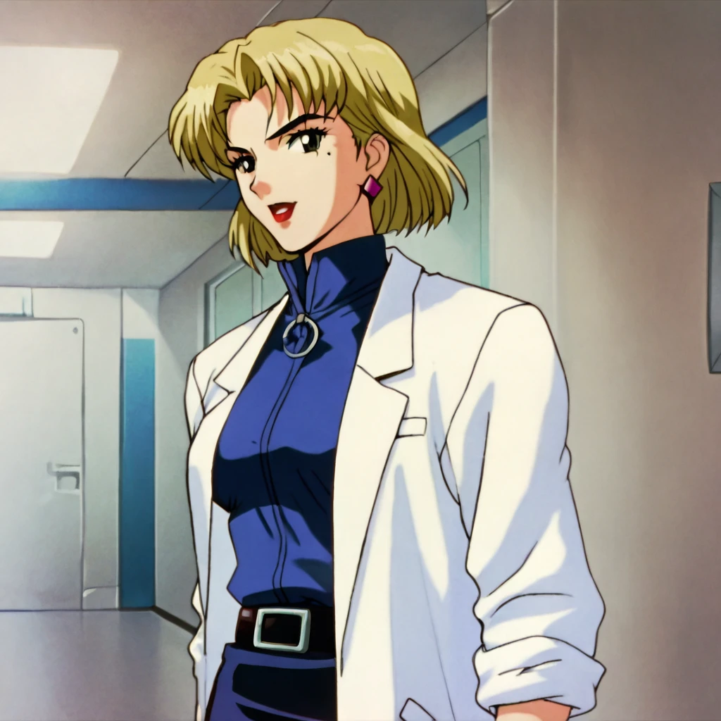 <lora:ritsukoevangelion_pony_v1:1>  Ritsuko, 1girl, blonde hair, mole under eye, labcoat, earrings, jewelry, short hair, belt, lipstick, makeup, cowboy shot