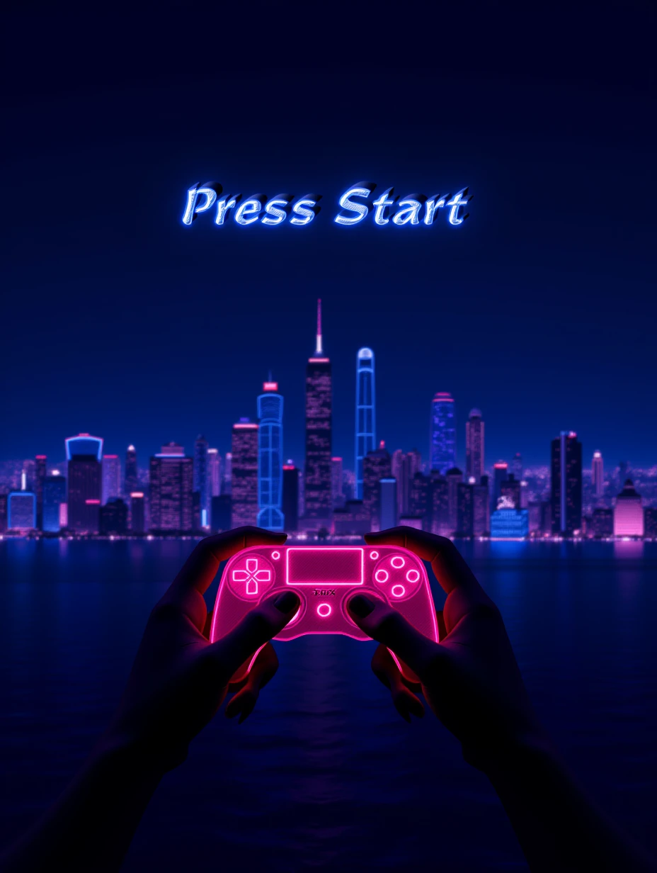 Juaner_font,

On a neon city skyline at night, there is a line of text “Press Start,” the image features a pixelated controller glowing in the dark