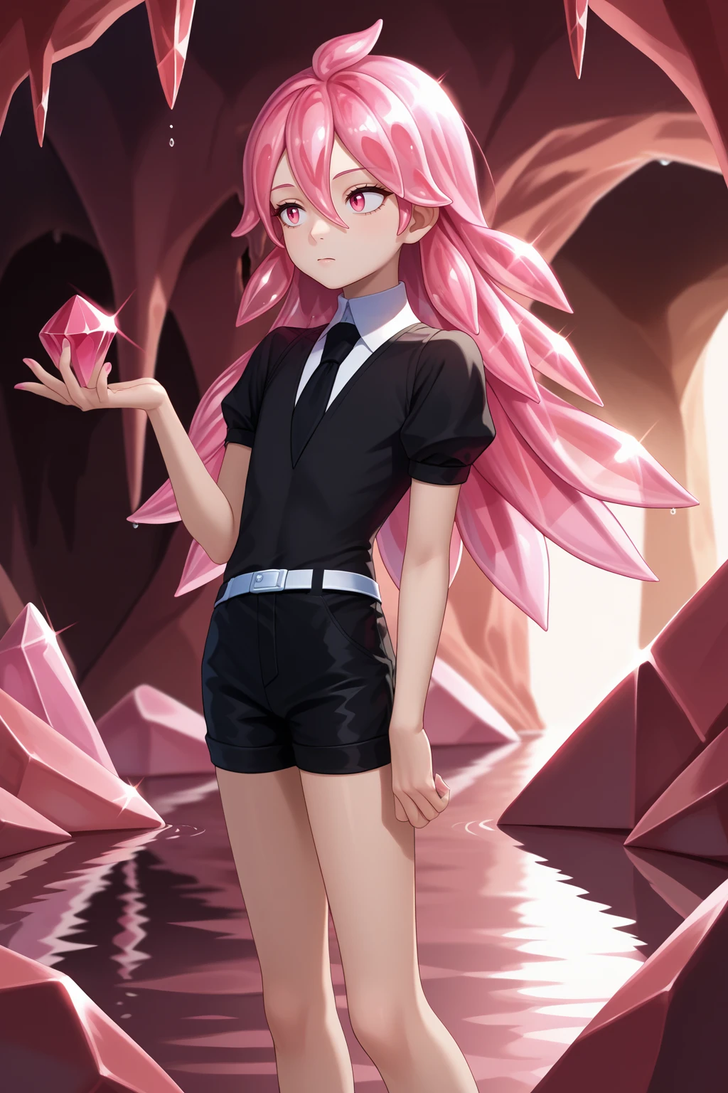 score_9, score_7_up, source_anime, cowboy shot, thinking, morg, long hair, white skin, crystal hair, pink hair, pink eyes, hair between eyes, black shirt, puffy short sleeves, collared shirt, black necktie, white belt, black shorts, black footwear, holding gem, indoors, cave, water, shiny, <lora:Hoseki_HousekiNoKuni_Morganite_PDXL_v1:1>