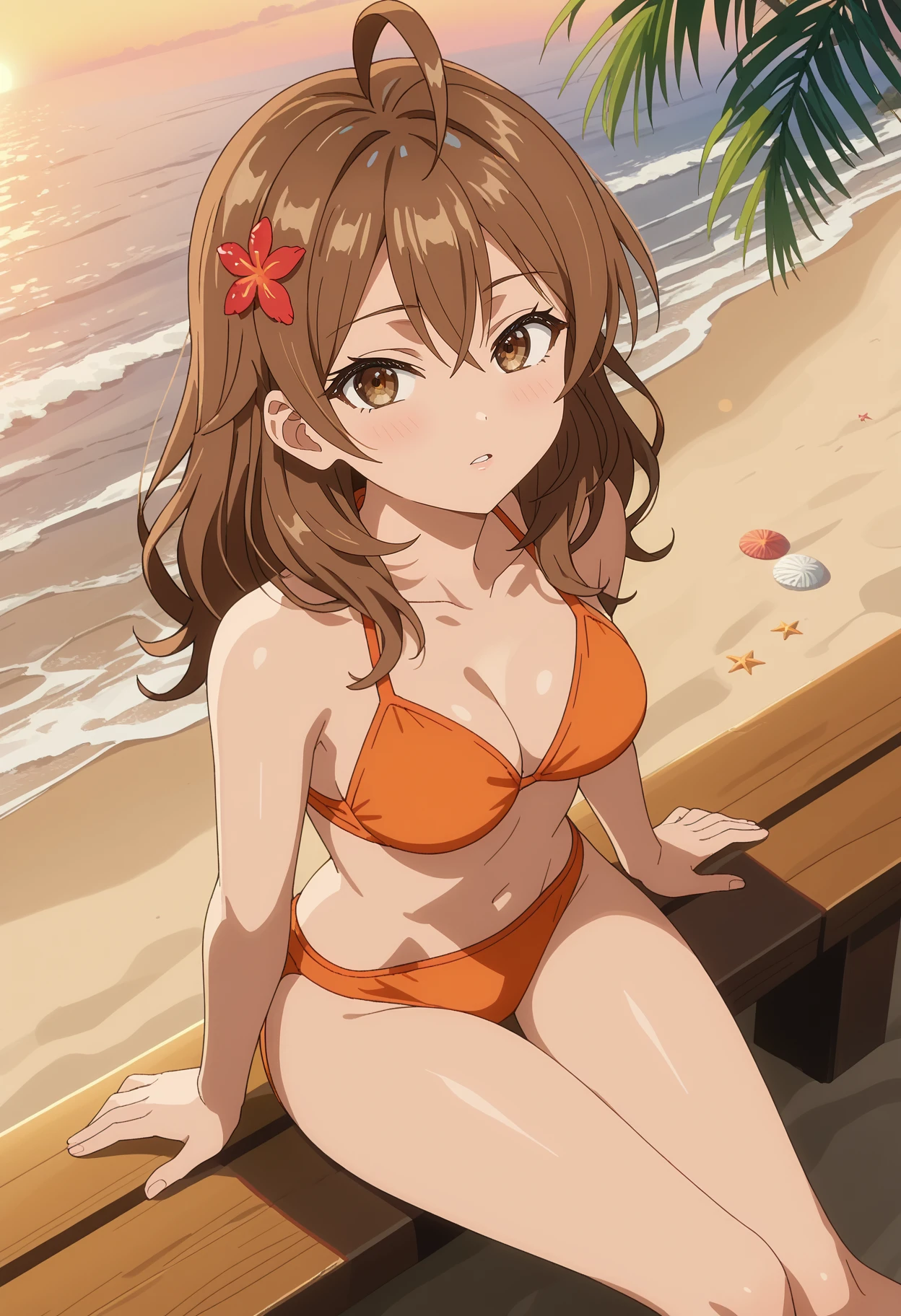 score_7_up, anime screencap, anime coloring,
<lora:Roshidere_KujouMariaMikhailovnaXL:0.8>,
1girl, parted lips, light blush,
long hair, brown hair, ahoge, hair between eyes, brown eyes, hair ornament,
orange bikini, medium breasts,
from above, sitting, looking at viewer, thigh gap,
sunset, horizon, beach, palm tree, lens flare, evening