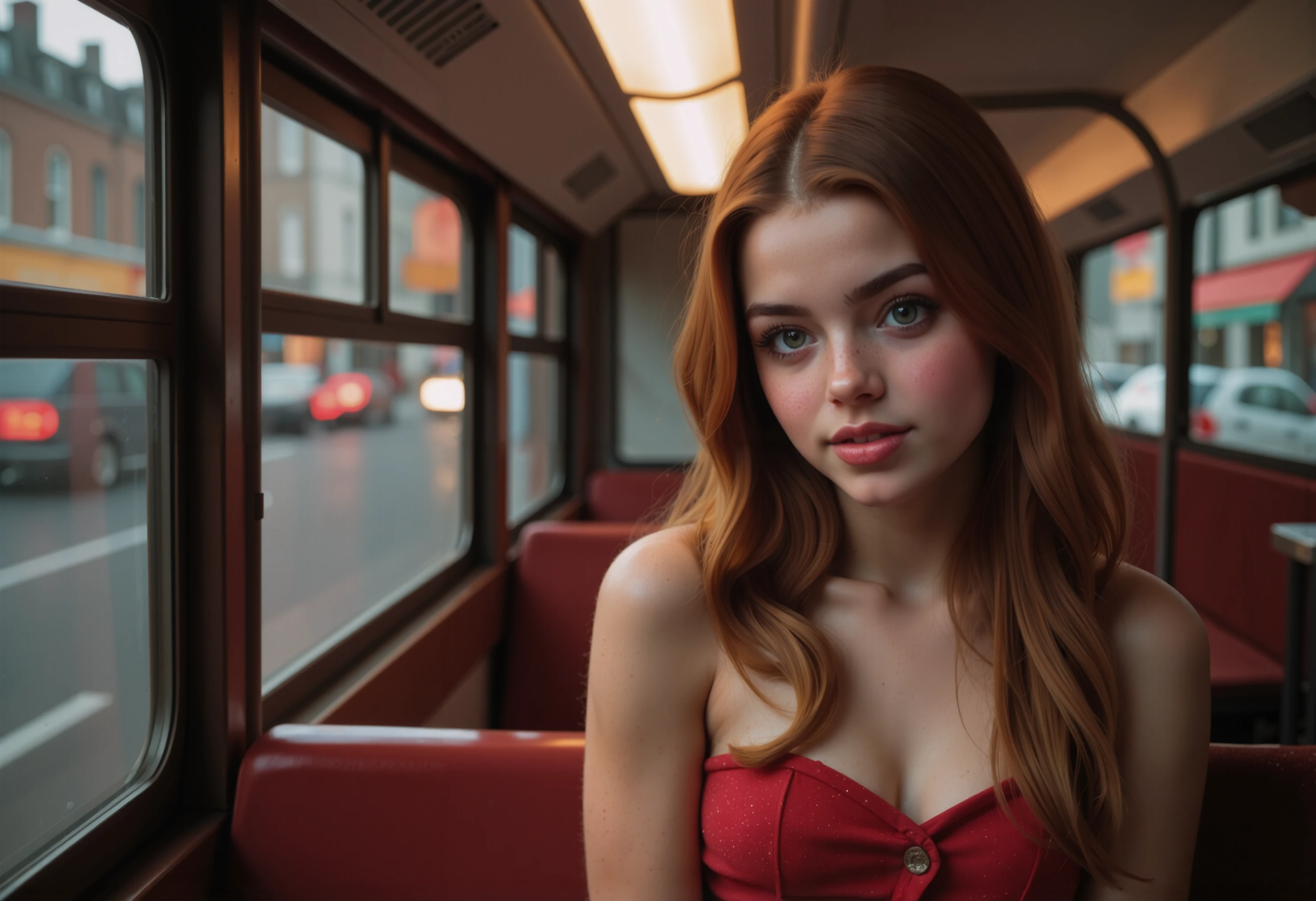 In the cozy back seat of a bustling city bus, an attractive young woman leans closer to the window, her hair cascading in soft waves over her shoulder. The dim, intimate lighting casts a warm glow on her dewy skin, highlighting her bright, playful eyes that sparkle with mischief. She wears a fitted, vibrant red dress that accentuates her figure, the fabric soft and slightly shimmered, catching the faint light as the bus rumbles along.
As she glances sideways at the photographer sitting across from her, a subtle smile plays on her lips, revealing a hint of flirtation. The air inside the bus carries the faint scent of fresh coffee and the soft hum of conversations around them, interspersed with the rhythmic sound of wheels rolling over asphalt.
Outside, the city lights flicker by in a blur, creating a dreamy backdrop as she playfully poses, tilting her head slightly and arching an eyebrow, inviting the photographer's gaze to linger. The atmosphere is charged with a mix of anticipation and excitement, as the two share a moment filled with unspoken connection, capturing a fleeting but electrifying instance of urban romance.
<lora:Hyper-FLUX.1-dev-8steps-lora:0.125>
<lora:atrx-manuela-flux:0.8>
<lora:MidjourneyV6.1:0.3> midjourneyv6.1
<lora:aidmaHyperrealism:1>
<lora:style_of_Guillaume_Seignac_FLUX_270:0.3>