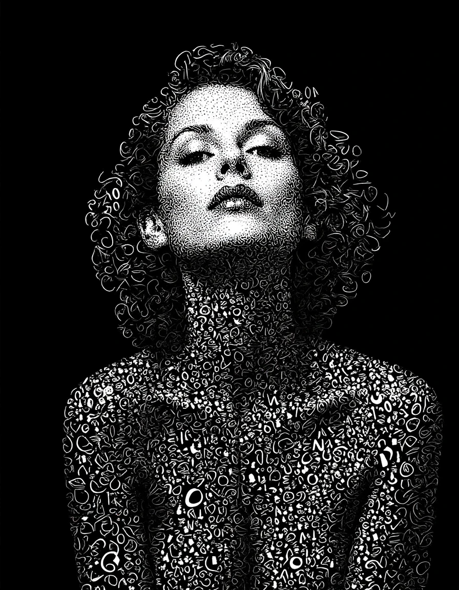 random1ze, a black and white drawing, generative art  portrait of a woman. alphabets effect, Black background