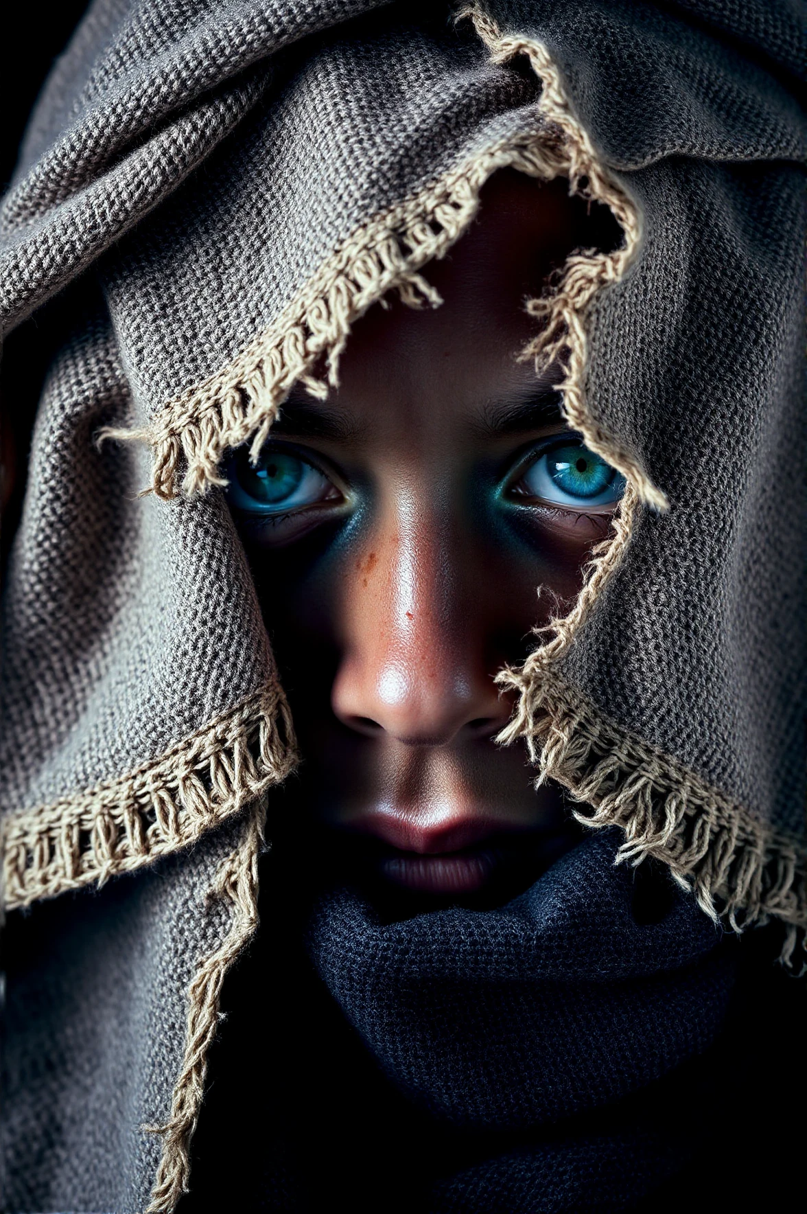 Close-up shot, centered subject with symmetrical composition, highlighting intense blue eyes peering from under a textured, frayed scarf, capturing an evocative, emotional gaze. The image emulates a high-contrast photographic style, emphasizing realism; the primary focus is on the striking eyes, surrounded by a weathered, freckled face showing resilience and depth. Secondary focus on the layered fabric, subtly revealing hints of the headwear's soft, muted beige tones. The background fades into a blurred darkness, enhancing the subject's prominence. Harsh lighting accentuates facial features, casting shadows, creating a dramatic, tense atmosphere. Overall, cool hues dominate, with piercing blue and earthy browns merging thoughtfully.