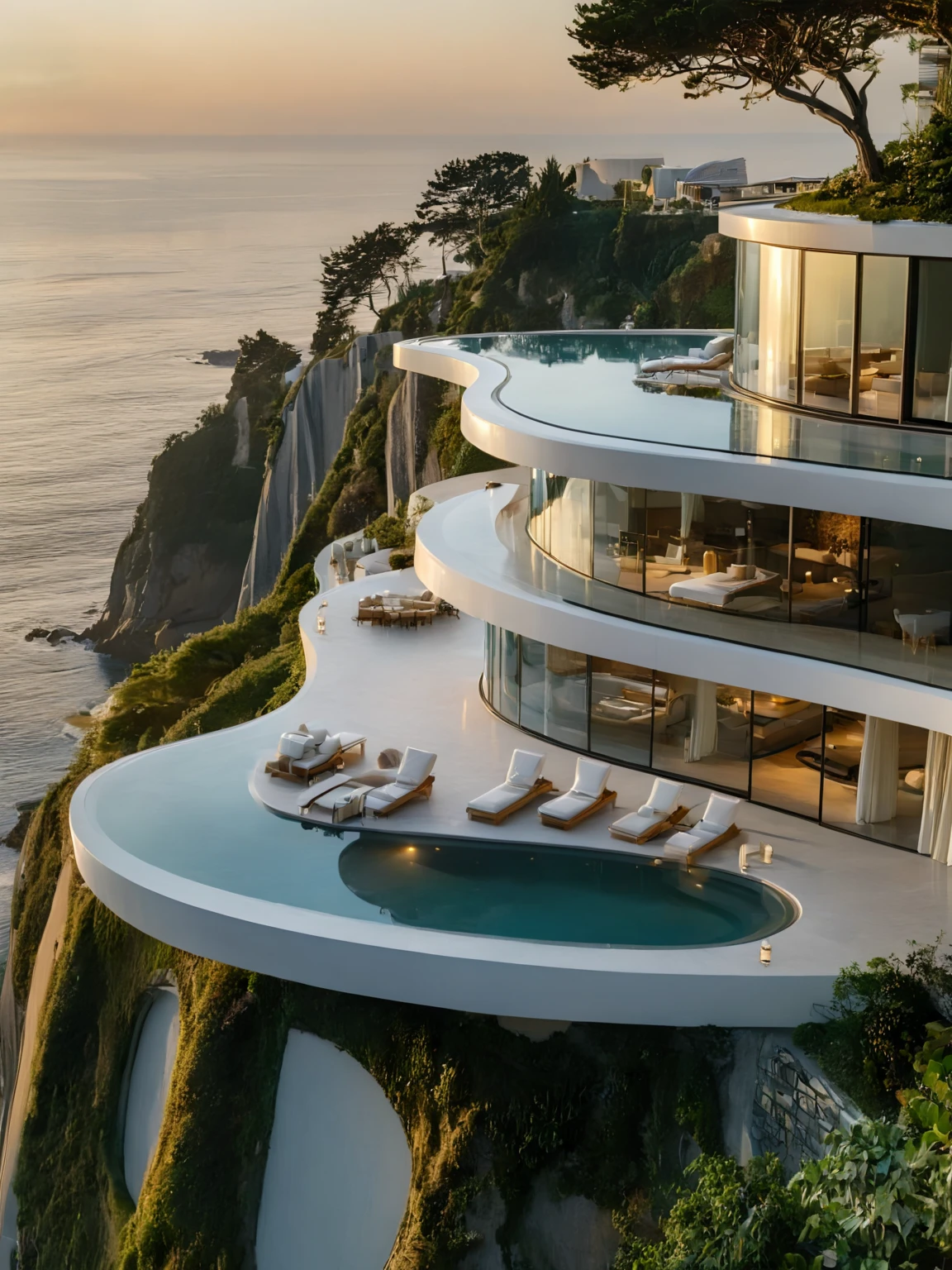 <lora:JJsCliffHouse_XL:1> , ((Cliff House)),  masterpiece, best quality,  cloud, building, no humans, outdoor, plant, scenery, skyt, tree,  center composition,  golden hour, ocean, curvy, glass,