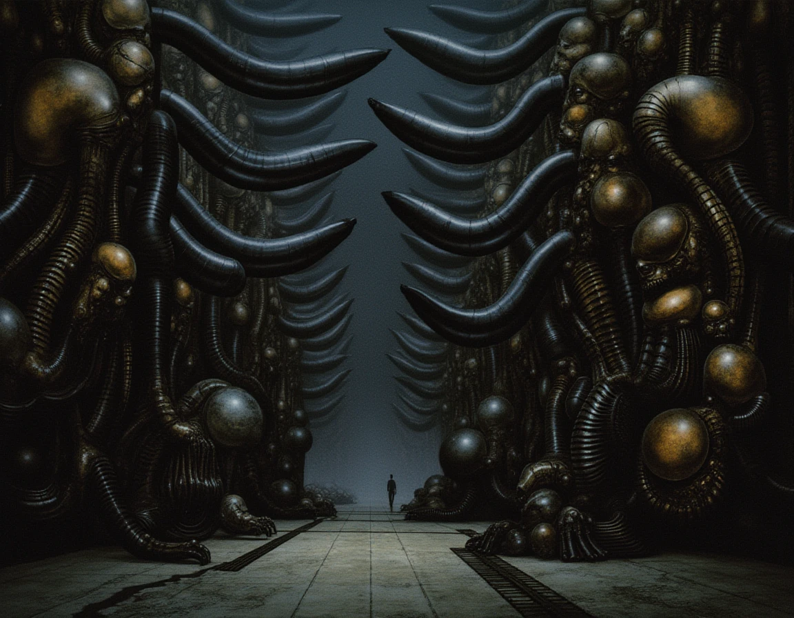 In a dimly lit, cavernous chamber, an overwhelming expanse of intricate industrial machinery sprawls in every direction, each component seamlessly interwoven in a nightmarish tapestry of metal and biomechanical forms. H.R. Giger's airbrush technique reveals a vision of grotesque beauty, with towering phallic pistons rhythmically thrusting in and out of amorphous, vaguely feminine structures, their surfaces glistening with a slick sheen reminiscent of polished latex. The room is enveloped in a thick, swirling steam that hisses and billows like a living entity, carrying with it the heavy scent of oil and the metallic tang of machinery at work. 

The air is thick with tension, a juxtaposition of eroticism and unease that permeates the atmosphere; every watchful corner is infused with a sense of voyeurism. Gleaming surfaces reflect shadowy contours, creating an unsettling interplay of light and dark. The machines appear to breathe, hissing and pulsating as if they possess a life of their own, their rhythmic movements eliciting an uncomfortable response in anyone who dares to step closer. In this haunting space, the viewer is confronted with an arresting blend of alluring mechanism and unsettling organic forms, a visceral reminder of the raw power and peril hidden within the machinery's embrace.