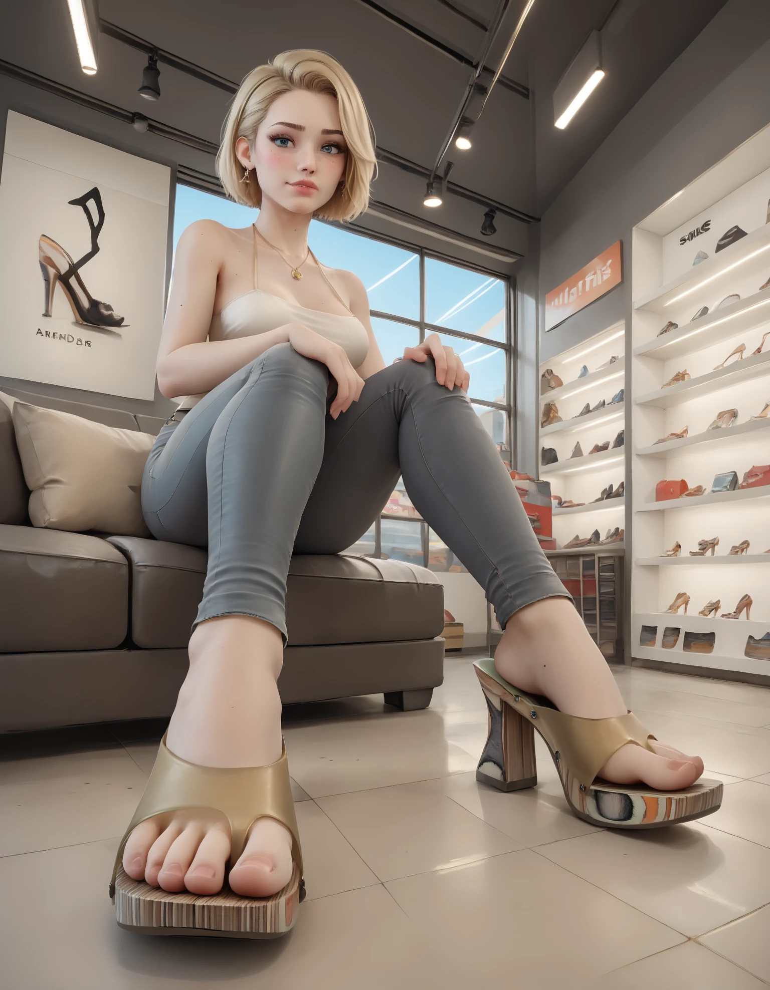 (l3tish heels), feet, toes, 
score_9, score_8_up, score_7_up, score_6_up, score_5_up, score_4_up, 
1girl,
jeans, halter top,
medium breasts, 
sitting, (leather sofa), 
looking at viewer,
tile floor,
from below, from side, foreshortening,
color grading, hdr, 
sh0est0re, (store:0.1), interior,
embedding:zPDXL2 ,