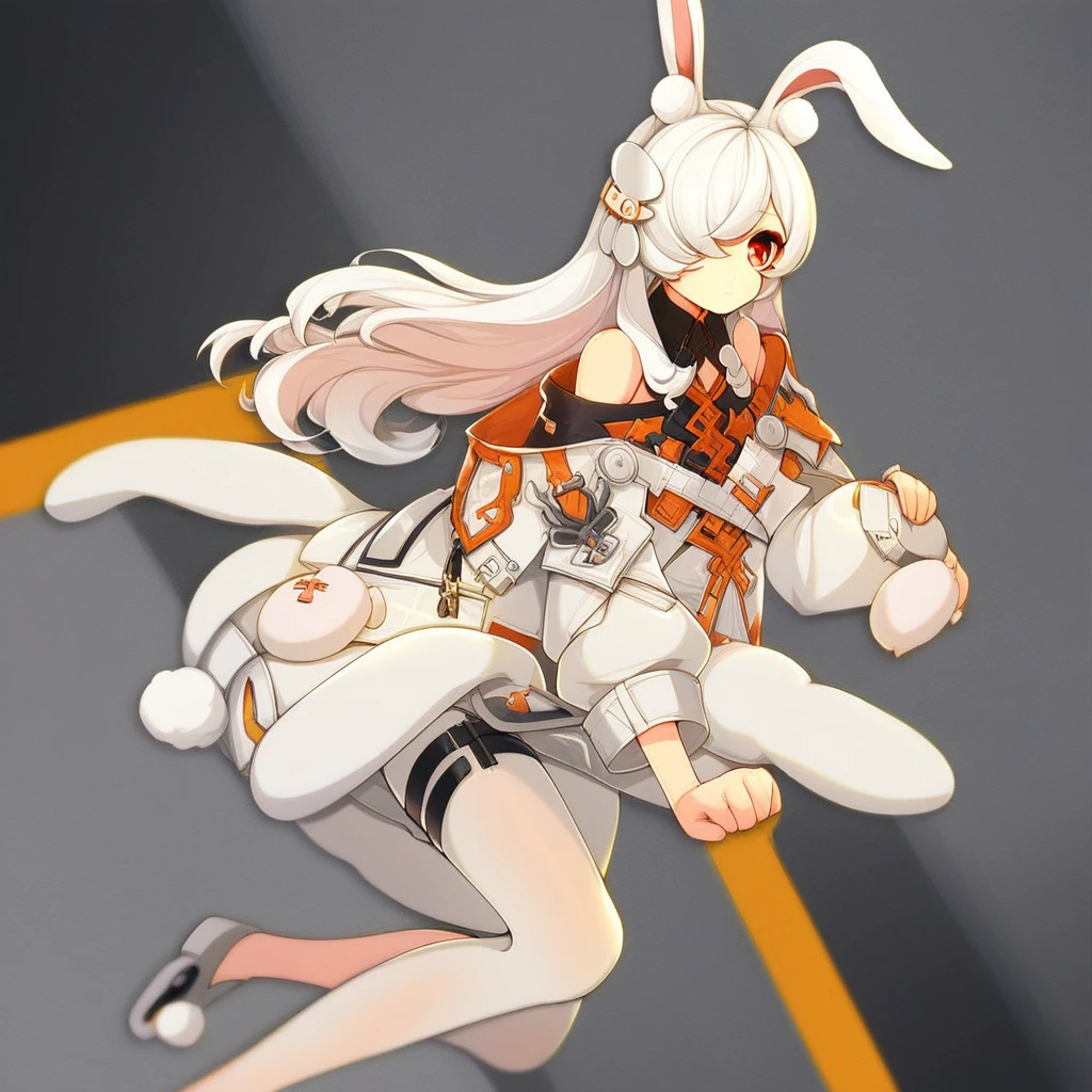 k1ra-ft, 1girl, animal ears, rabbit ears, red eyes, hair over one eye, long hair, jacket, white hair, off shoulder, pantyhose, thigh strap, bangs, white jacket, closed mouth, hair ornament, rabbit girl, bare shoulders