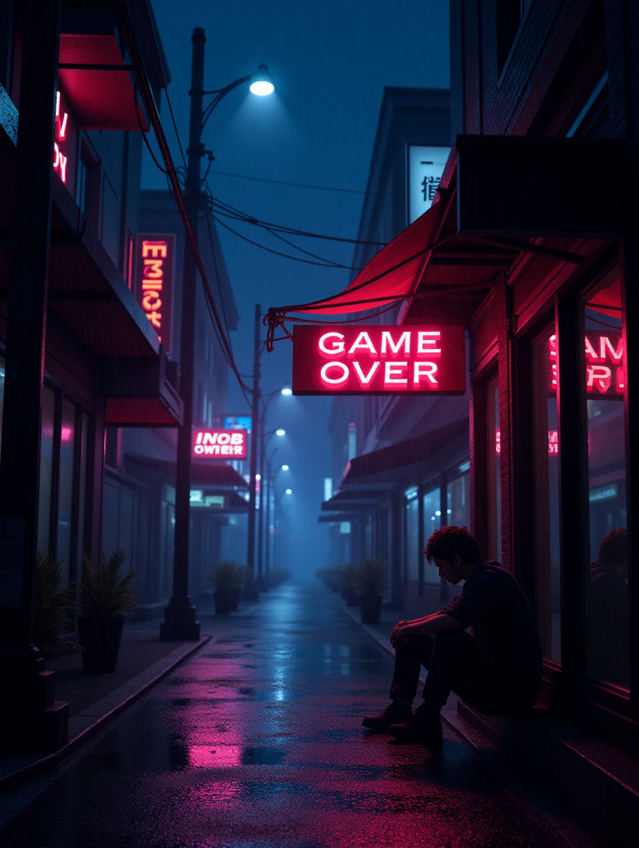 Juaner_font,

On a cyberpunk street with neon signs, there is a line of text “Game Over,” the scene shows a character sitting under a rain-soaked awning