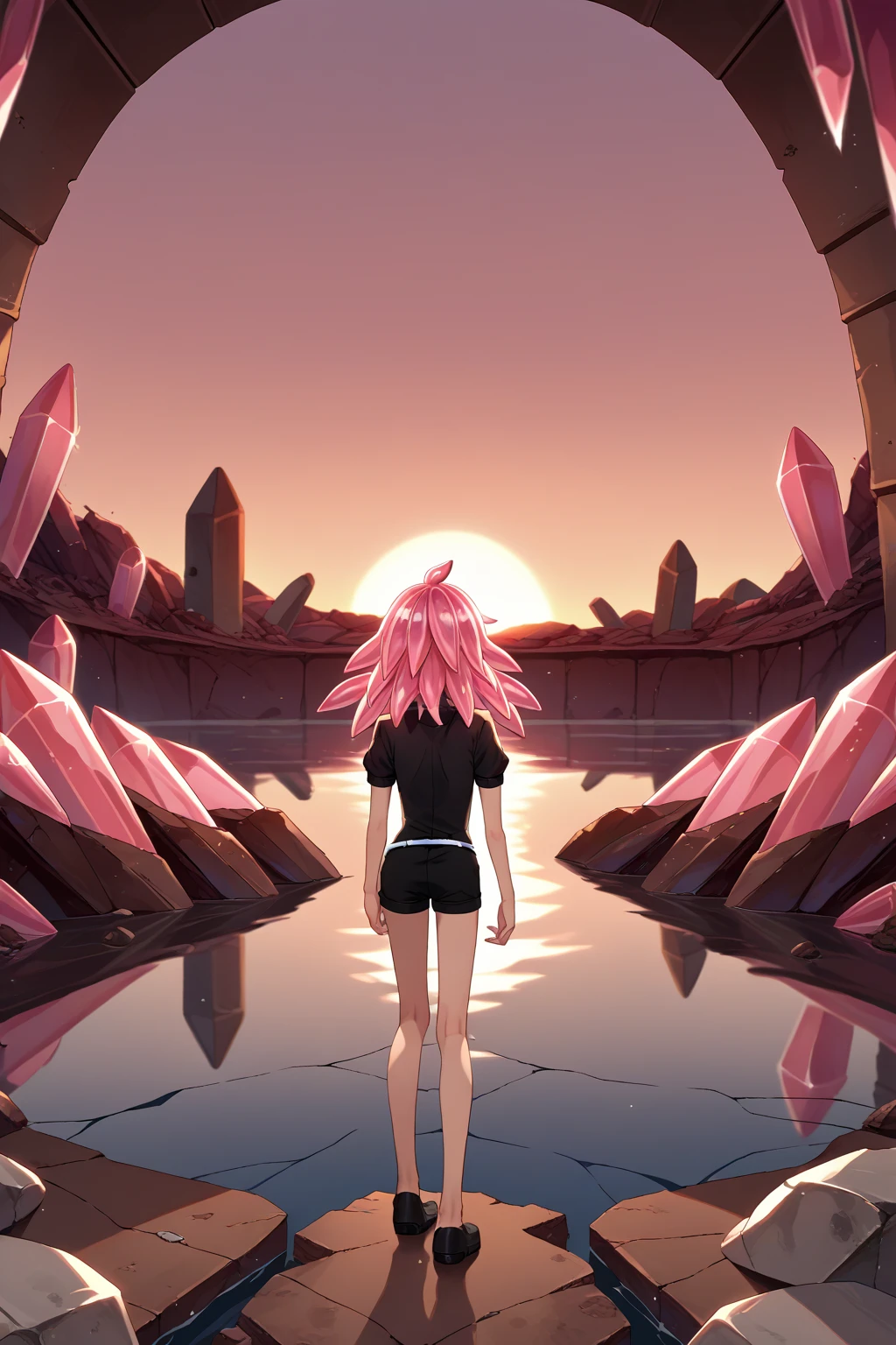 score_9, score_7_up, source_anime, from behind, morg, long hair, white skin, crystal hair, pink hair, pink eyes, hair between eyes, black shirt, puffy short sleeves, collared shirt, black necktie, white belt, black shorts, black footwear, outdoors, sunset, water, concrete, <lora:Hoseki_HousekiNoKuni_Morganite_PDXL_v1:1>