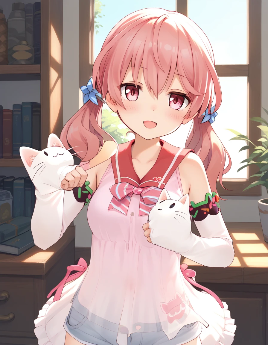 1girl, solo, breasts, looking at viewer, bangs, hair ornament, dress, animal ears, bare shoulders, medium breasts, closed mouth, tail, pink hair, flower, outdoors, frills, sleeveless, day, hair flower, white dress, tree, orange eyes, animal ear fluff, petals, fox ears, fox tail, frilled dress, cherry blossoms, fox girl, pink flower, (knees up), (Sitting in a cardboard box), ((32k)), ((best quality)), ((ultra high res)), ((HDR)), ((UHD)), ((extremely detailed CG)), ((unity 32k wallpaper)),
