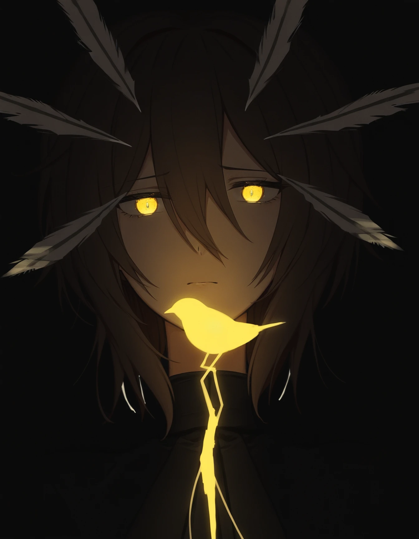 by mont blanc, 1 angela \(project moon\), e.g.o. \(project moon\), sad, glowing yellow eyes, bird girl, black background, looking at viewer, lighting and shadow, aesthetic, detailed, beautiful color, amazing quality, black feather, lens flare,