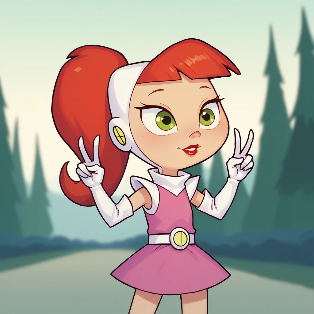 score_9_up, score_8_up, BREAK, Atomicbetty, 1girl, solo, red hair, ponytail, green eyes, lipstick, pink dress, white elbow gloves, white belt, cowboy shot, double v,  <lora:AtomicBetty_Hero_Form_PXL_Leaf2:1>, outdoors, depth of field,