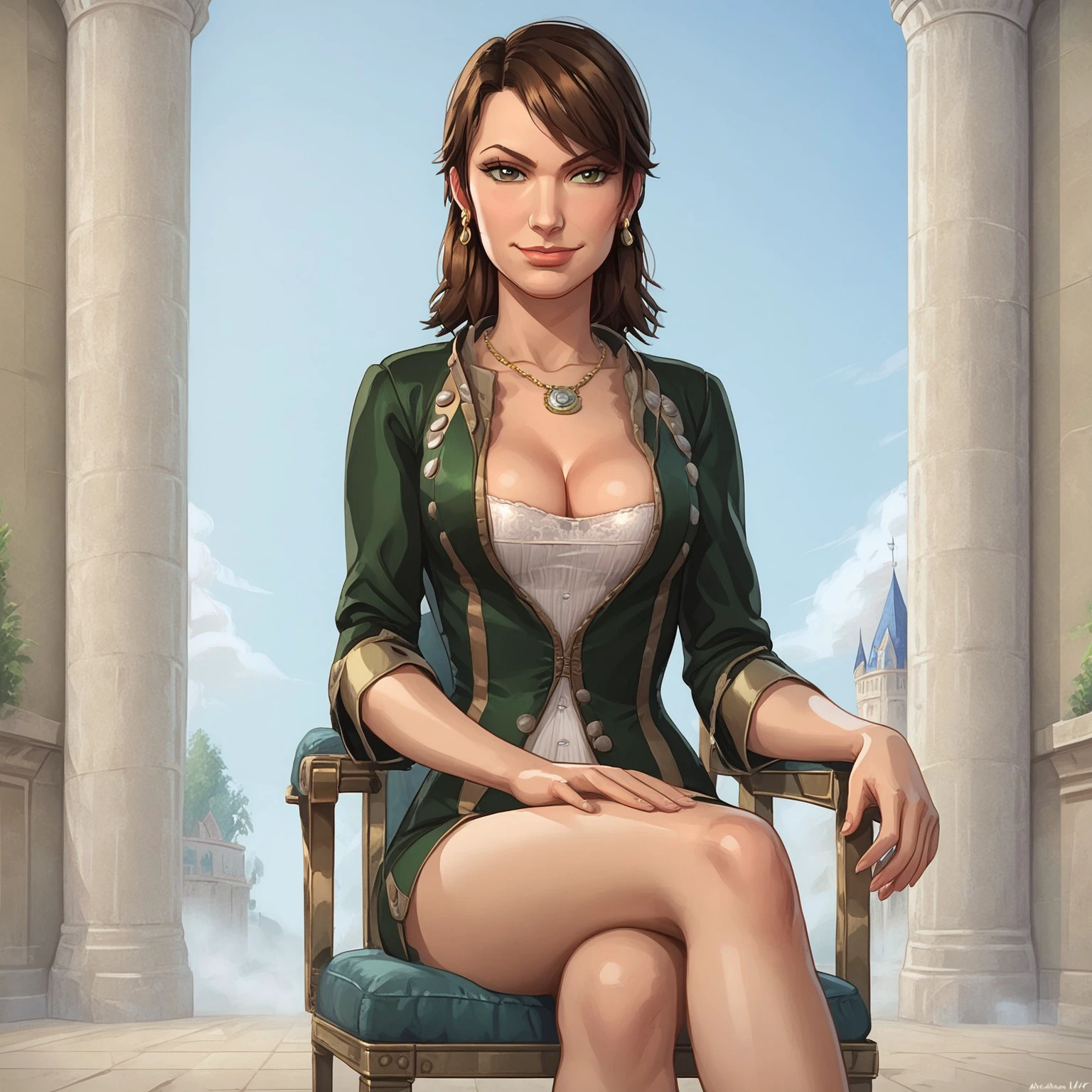 safe_pos, catherine, catherine sitting on a throne inside a castle with her legs crossed leaning back smug, solo, 1girl, throne room, castle interior, stone castle, brown hair, green coat, white and green dress, buttons, necklace, earrings, cleavage, outside, arms crossed, Basic Instinct Pose, B4sic1nstinctP0se, basic_instinct_(movie), 1woman, sitting, on_chair, looking at viewer, facing viewer,