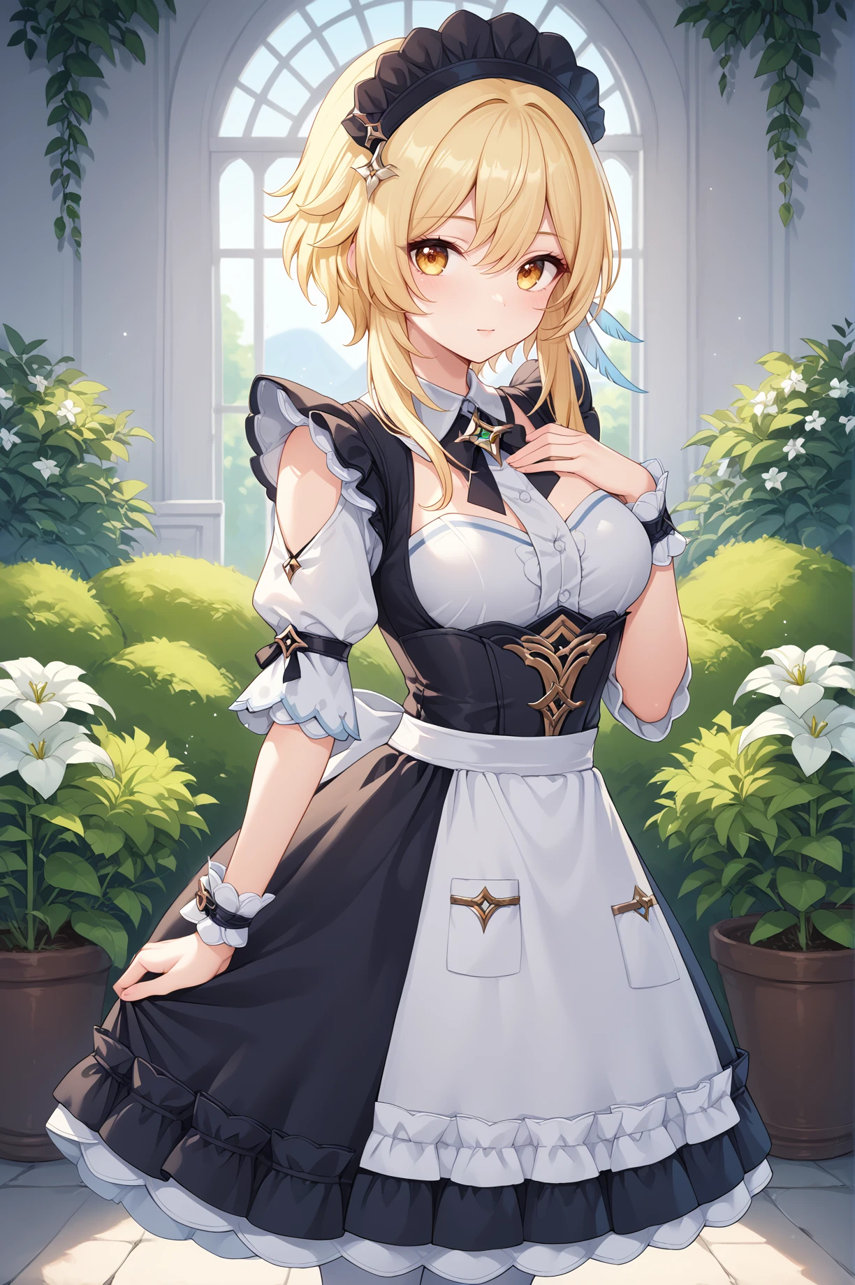 score_9, score_8_up, score_7_up, score_6_up, score_5_up, score_4_up,anime source,
1girl, lumine \(genshin impact\), blonde hair, short hair, 
 maid(FF14), maid, frilled dress, frilled sleeves,juliet sleeves, wrist cuffs, apron,white pantyhose,
garden,hand on own chest,<lora:FF14MaidXLPony:1>