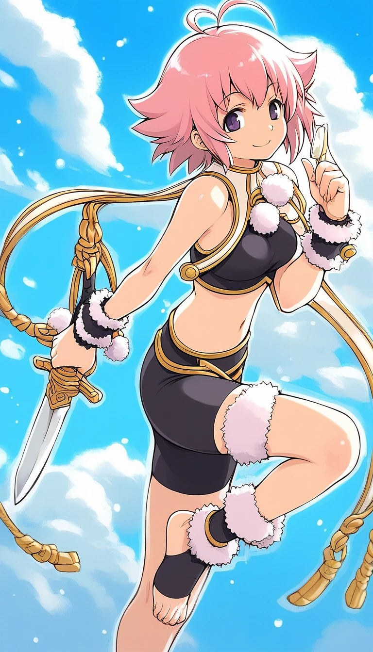 score_9, score_8_up, score_7_up, source_anime, rating_explicit, BREAK  <lora:Sugar_Ver2.0_XL:1> Sugar, short hair, ahoge, antenna hair, weapon, purple eyes, pink hair, dagger, knife, 
bare shoulders, shorts, midriff, fur trim, bike shorts, crop top, anklet,  jewelry, pom pom (clothes), smile,
closed mouth,  outline, wristband, sleeveless, black eyes,  wrist cuffs, black shorts, ankle cuffs,
blue sky, outdoor,