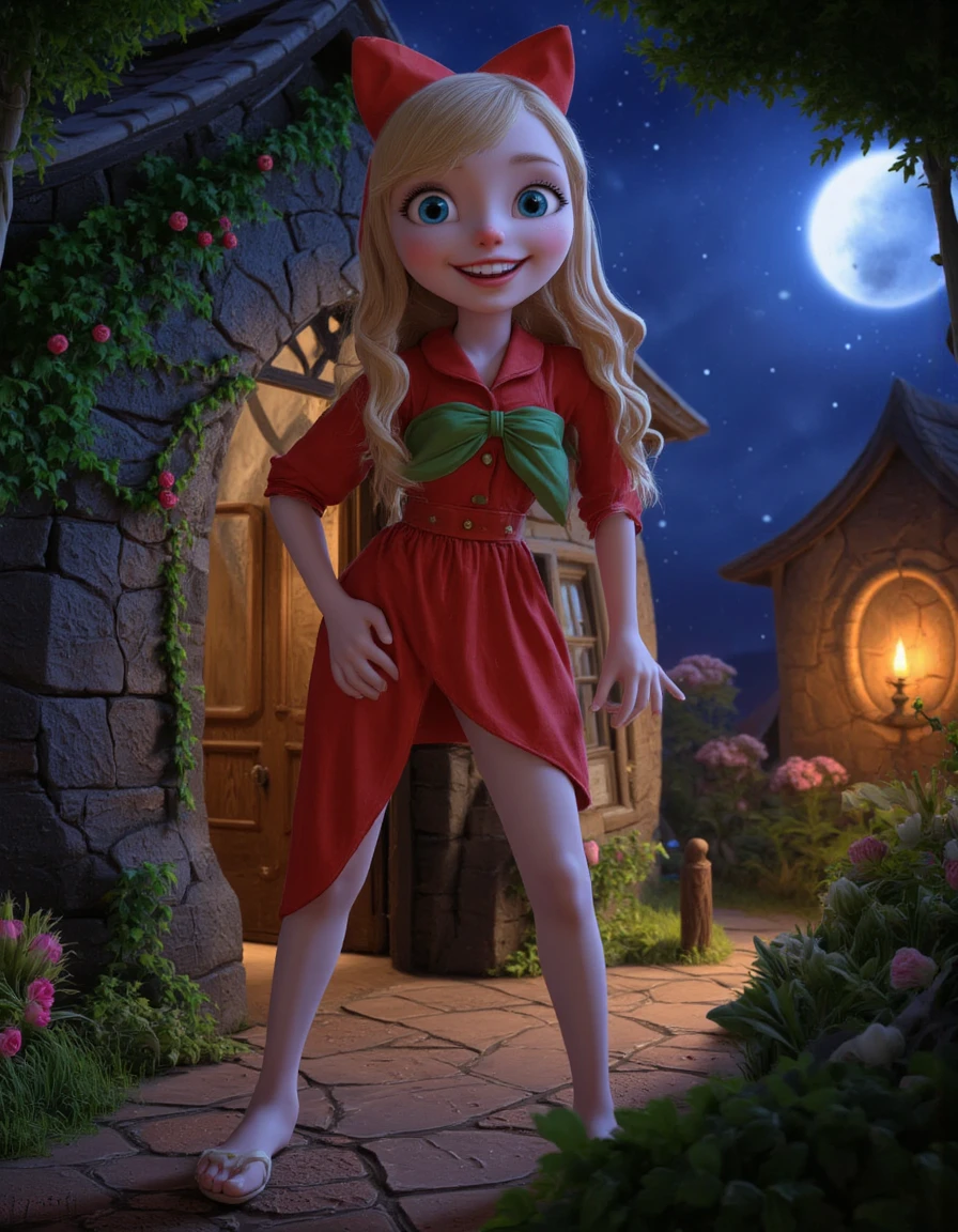 Vibrant Rim Light, A magical 3D rendered scene featuring an adult beauty with blonde curls and a large red bow, wearing a red shirt and green skirt. her background is a quaint stone cottage, illuminated by a warm, inviting light, with a full moon and starry sky above. The cottage is surrounded by a garden of colorful flowers and lush greenery, with a stone path leading up to it. The scene is lit by soft moonlight, casting gentle shadows and enhancing the realistic textures of her clothing and the surroundings. The composition captures a peaceful and enchanting atmosphere, with detailed textures, sophisticated lighting, and expressive character emotions. Twinkling Fireflies, Add small, glowing fireflies flitting around the garden and near the cottage, creating a magical, ethereal feel.Ivy vines wind around the corners of the cottage, some creeping towards the windows, adding a touch of natural elegance.The windows of the cottage glow softly with the flicker of candles, adding warmth and a sense of life inside. standing, One hip popped out, hand on hip, sassy smile., bright rim light, high contrast, bold edge light