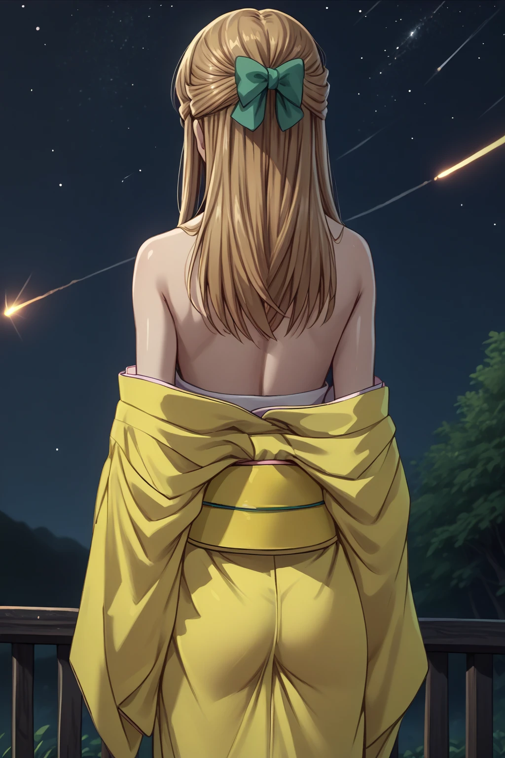 score_9, score_8_up, <lora:NSRitsuFrusket:0.95> NSRitsuFrusket, medium hair, half updo, green hair ribbon, light brown hair, yellow kimono, from behind, bare shoulders, meteor shower, outdoors, night