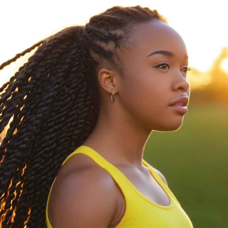 aisha, headshot, 19 years old, black girl, long braided hair, yellow tank top, outdoor park at sunset, (locks of hair over shoulders, gentle breeze blowing hair into face, glare, sunset light highlighting off skin and hair, upper body, lips parted, looking at viewer:1.3),   1girl, (masterpiece), (best quality), detailed