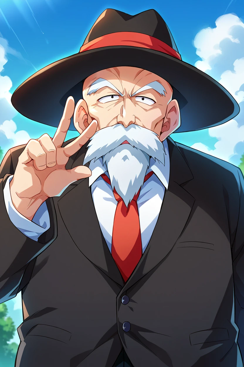 score_9,score_8_up, score_7_up,  BREAK muten roushi, 1boy, old man, bald, mustache, beard, black fedora, formal, suit, black jacket, black panta, white collared shirt, red  necktie, peace sign, foreshortening,black eyes, <lora:RoshiPony:1>