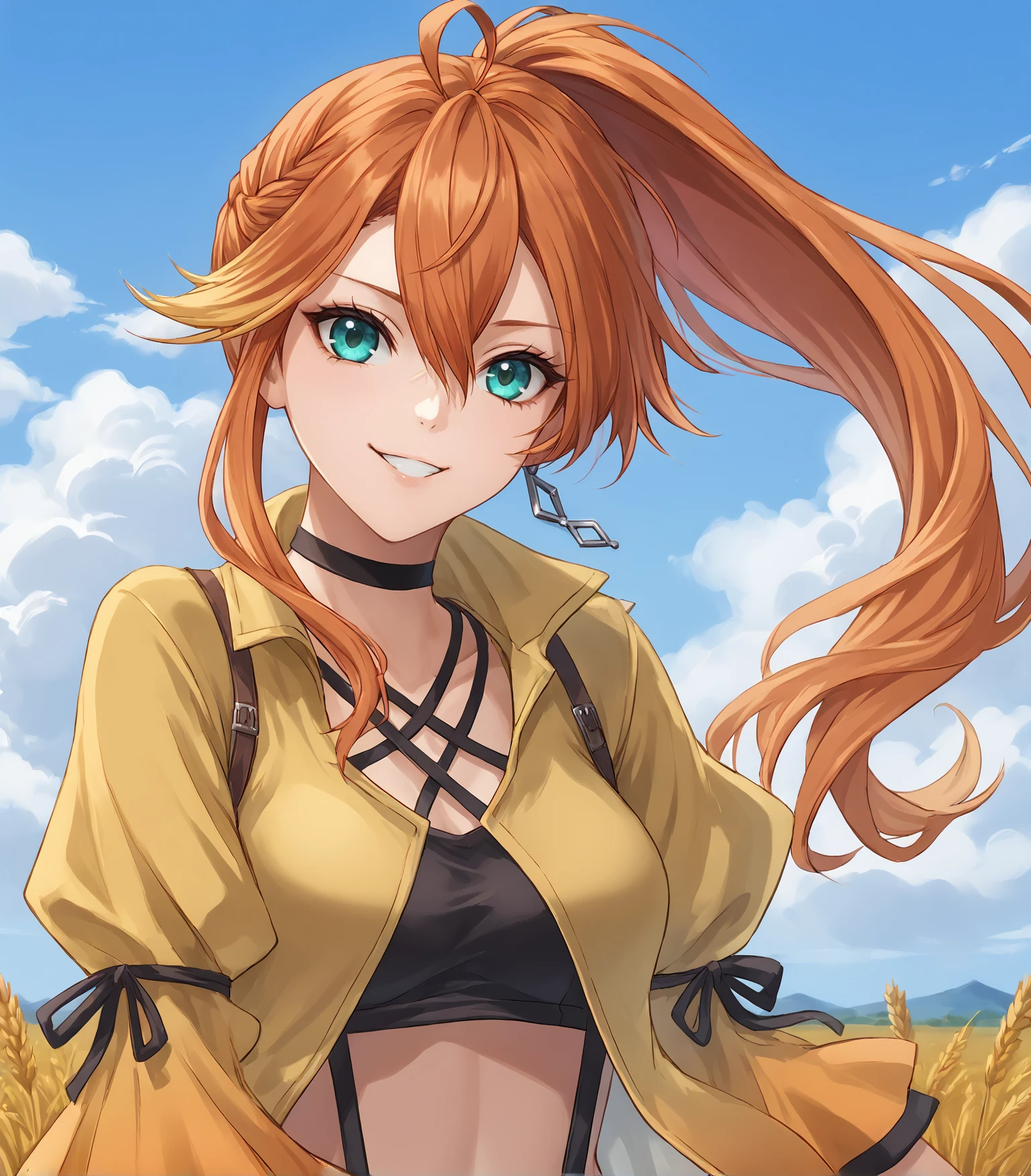 score_9, score_8_up, score_7_up,
1girl, solo, 
 <lora:JudithKai:0.9>, Judith Ranster, orange hair, two-tone hair, ponytail, ahoge, aqua eyes, medium breasts, single earring, choker, yellow coat, black bandeau, white shorts, suspenders, fishnet thighhighs, black thighhighs, white high heels, 
looking at viewer, happy, upper body, portrait,
outdoors, sky, wheat field, clouds, ,
<lora:LDART_style_pony_v3:0.7>,, <lora:Racoonkun_Artist_Style:0.4>, racoonsan,