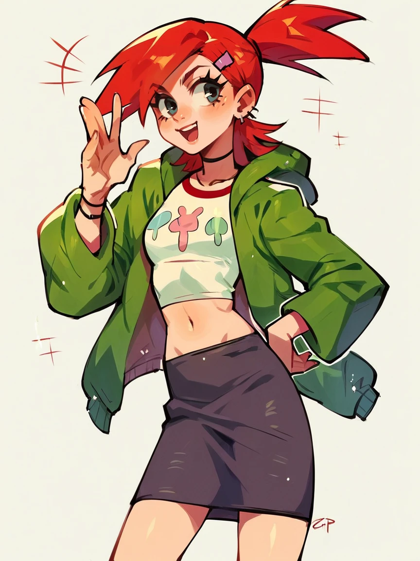 score_9, score_8_up, score_7_up, score_6_up, score_5_up,   <lora:FrankiefosterXLP:1> frankie foster, 1girl, solo, skirt, red hair, midriff, skirt, jacket