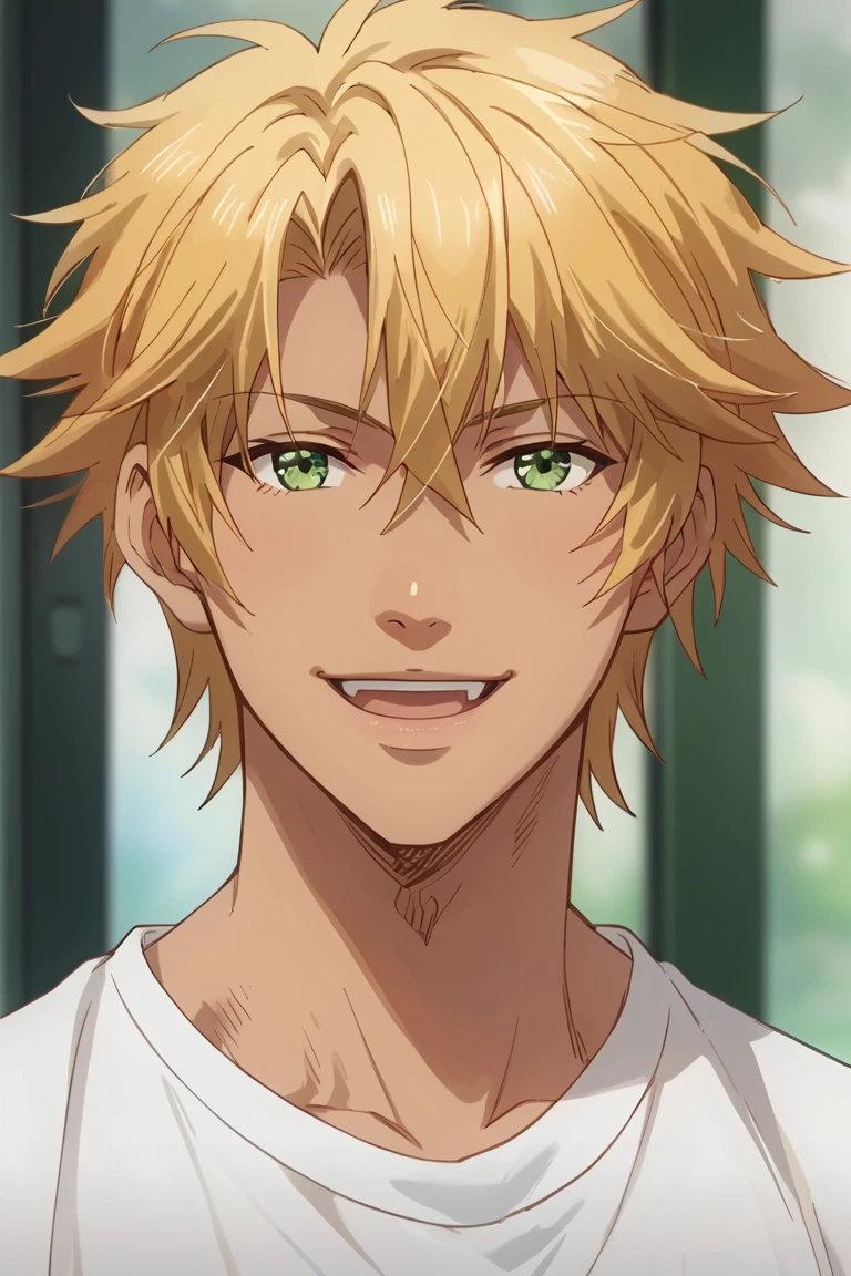 score_9, score_8_up, score_7_up, source_anime, rating_safe, 2ndmale focus, MShionKG, blonde_MShion_male hair, green_MShion_male eyes, shirt, smile, open mouth, 2ndboy, anime screencap, portrait, looking at viewer