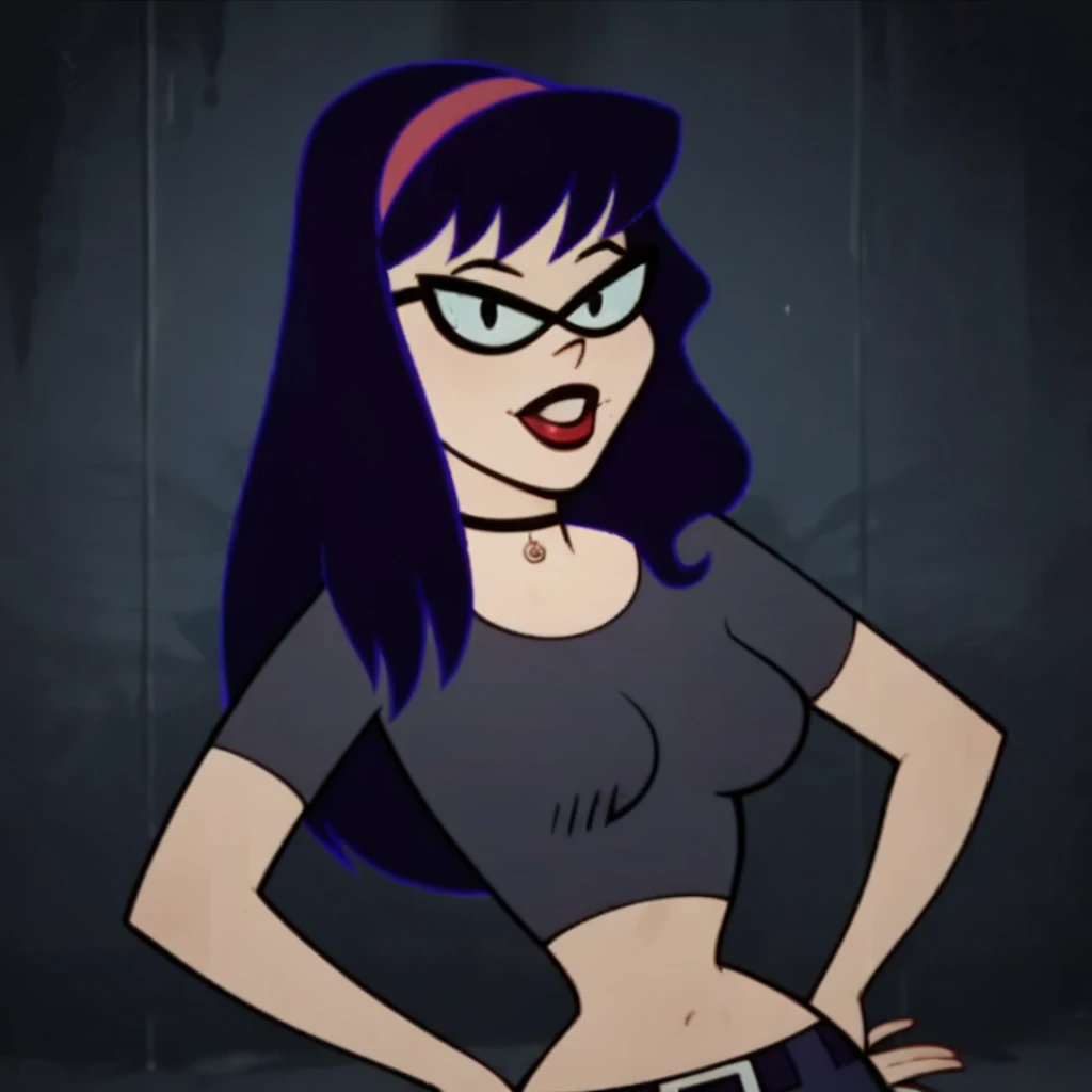 score_9, score_8_up, score_7_up, 1girl, glasses, long hair, black hair, headband, choker, makeup, large breasts, midriff, narrow waist, wide hips, looking at viewer, absurdres, high quality, masterpiece, flat color, fca style, toon \(style\), 2d, <lora:Tabitha_ATHF:1>