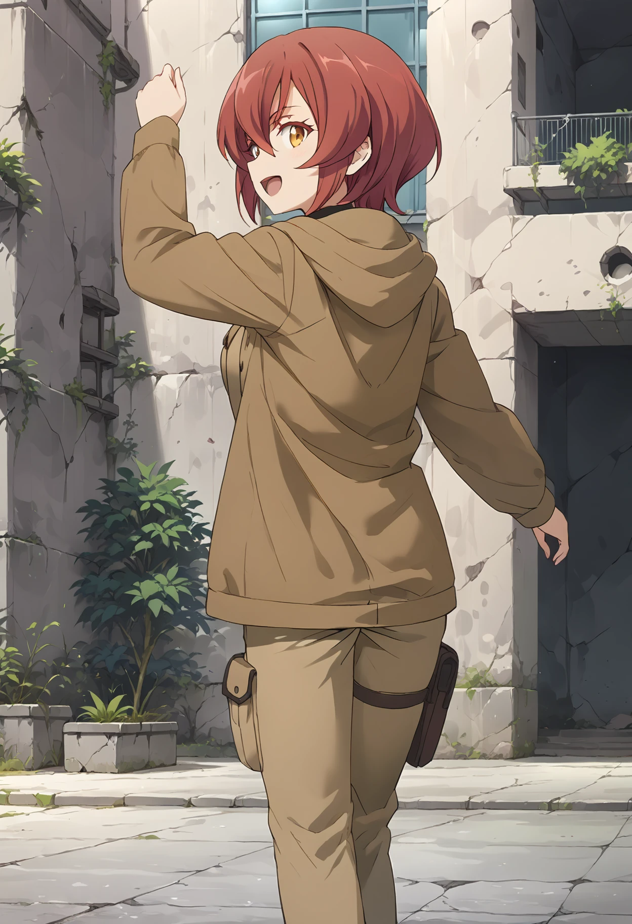 score_9, score_8_up, score_7_up, score_6_up, score_ANIME, 1girl, , kurenakukumila, 1girl, solo, red hair, short hair, looking at viewer,, brown hooded jacket,, brown eyelashes, orange eyes, sidelocks, standing, brown pants, hair between eyes, , (cowboy shot:1.5), medium breasts, smile, open mouth, from behind, running, looking back, ruins, city, <lora:corena_ponyV2:1>, concrete wall, indoors,   against wall,