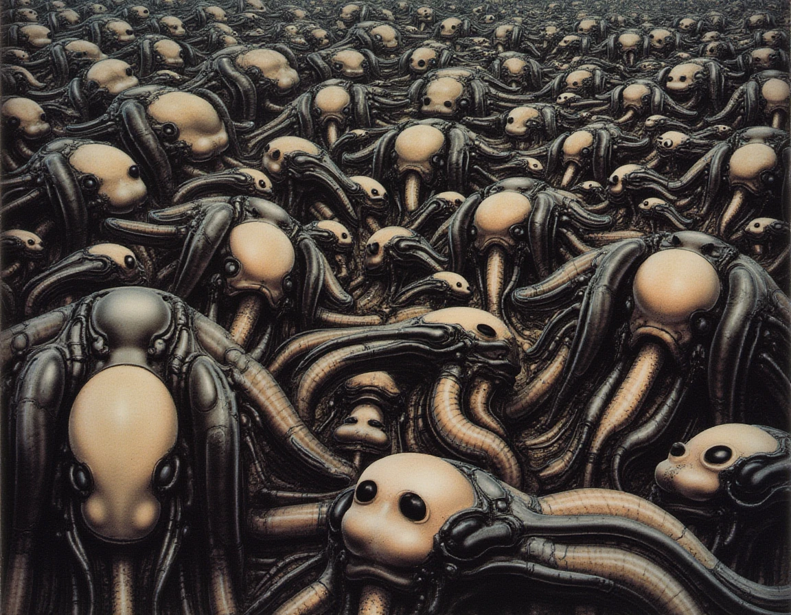 In a surreal, otherworldly setting, intricately detailed H.R. Giger airbrush artwork reveals a chaotic expanse of dense, incomprehensible biomechanical machinery. This unsettling landscape is teeming with complex structures that cunningly mimic phallic shapes—bulbous, glistening heads, elongated shafts, and clusters of testicle-like forms, all pulsating with an unnerving, lifelike quality. 

The surfaces of these grotesque creations are glossy and slick, reflecting ambient light with a sheen reminiscent of latex or the smooth texture of a condom, lending a disturbingly sensual undertone to the scene. Shadows dance across the machinery, creating a disquieting interplay of light and darkness that heightens the tension in the atmosphere. 

As the viewer gazes deeper, the rhythmic hum of unseen mechanisms resonates in the air, an auditory backdrop that adds to the mechanical eeriness. The pungent metallic scent of oil and machinery lingers, almost suffocating, while the colors range from deep, viscous blacks to pulsating silvers and muted flesh tones, evoking a sense of both fascination and dread. 

The overall image evokes a powerful, uncomfortable arousal, straddling the line between allure and revulsion, pulling the observer into a realm that is as captivating as it is disquieting. The intricate connections between the elements create a convoluted yet mesmerizing experience, urging the viewer to confront their own reactions to this unsettling synthesis of biology and machinery.