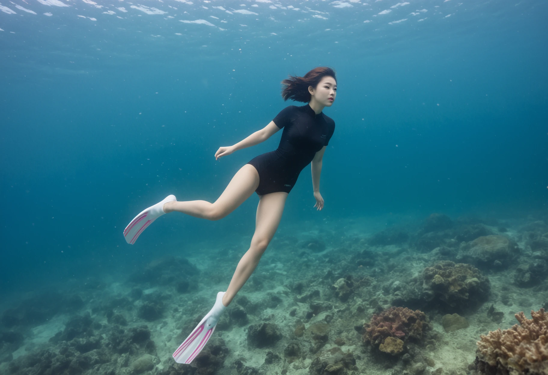 underwater medium shot of a young asian woman inside a dark underwater (grotto) surrounded by corals and sea fans, she is (skinny) and wears a skintight black rubber wetsuit, her wetsuit has short sleeves and short legs, she is wearing long (fins_ovwp1:1.1), she has long ginger hair, her hair is swirling around her head, hair floating around her head
BREAK
(blue tint light:1.6), (low visibility water:1.5), (distance haze:1.5), (soft focus:1.2), (bloom effect)