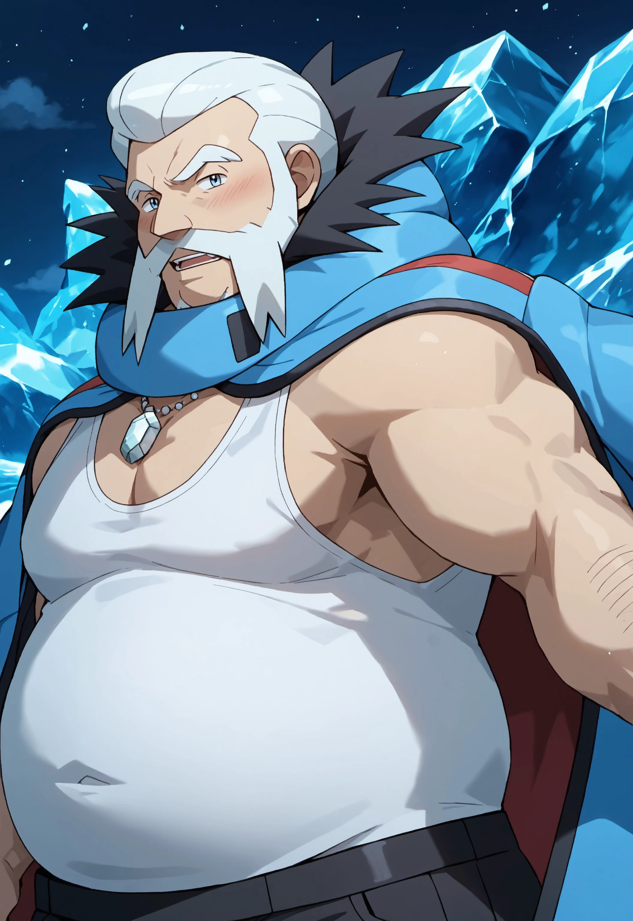 safe_pos, safe_pos, safe_pos, score_9, score_8_up, rating_nsfw, ultra hd, absurdres, best quality, best aesthetic, masculine, solo, 1boy, male focus, perfect proportions, handsome, erotic, alluring, hand with five fingers, mature male, coloured

PokeWulfric, old man, white hair, facial hair, jacket on shoulders, fat, white tank top, jewellery, Expressiveh