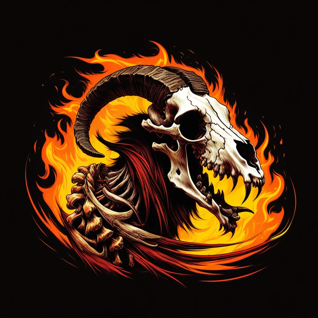 tail, hood up, animal, no humans, fire, simple background, goat skull, fish