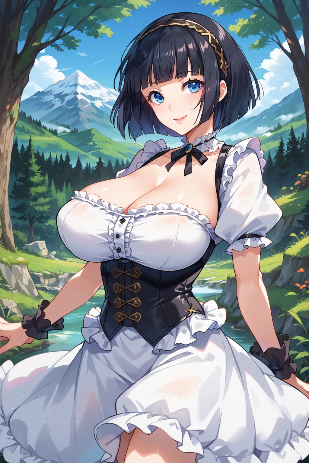 score_9, score_8_up, score_7_up, source_anime, BREAK, smile, lips, blush, outdoors, forest, mountain, bob cut, blunt bangs, hairband, blue eyes, black hair, huge breasts, corset, frilled dress <lora:3ly pony:0.6>