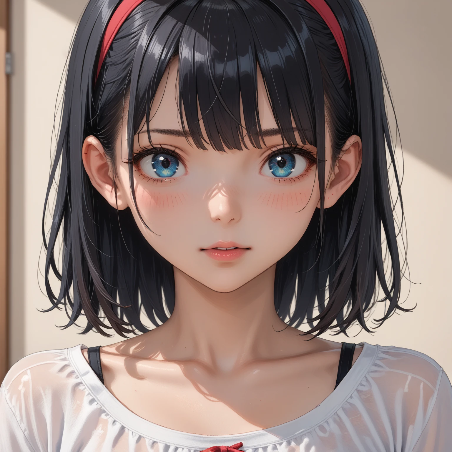 best quality, masterpiece, black hair, blue eyes, look up, upper body