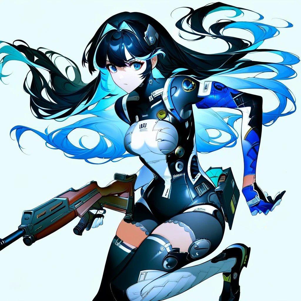 xiva-ft, 1girl, weapon, solo, gun, black hair, long hair, holding weapon, blue eyes, white background, breasts, holding, holding gun, rifle, multicolored hair, blue hair, simple background, assault rifle, bangs, medium breasts, gloves, thighhighs, hairband, bodysuit