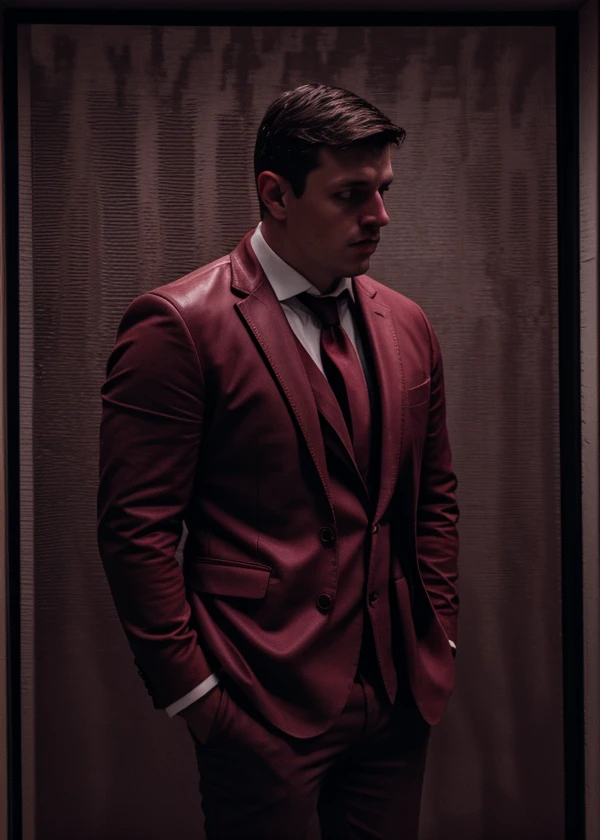 <lora:LATIN:0.8> 1boy, male focus, solo, realistic, guy wearing burgundy suit, white dress shirt, patterned tie, brown leather oxfords in a dark building, aesthetic , ambient lighting , dark , intricate artwork, Full Shot <lora:LCM_LoRA_Weights_SD15:1> AnimateLCM_sd15_t2v_lora,  8k, portrait, best quality <lora:detailSliderALT2:0.8>