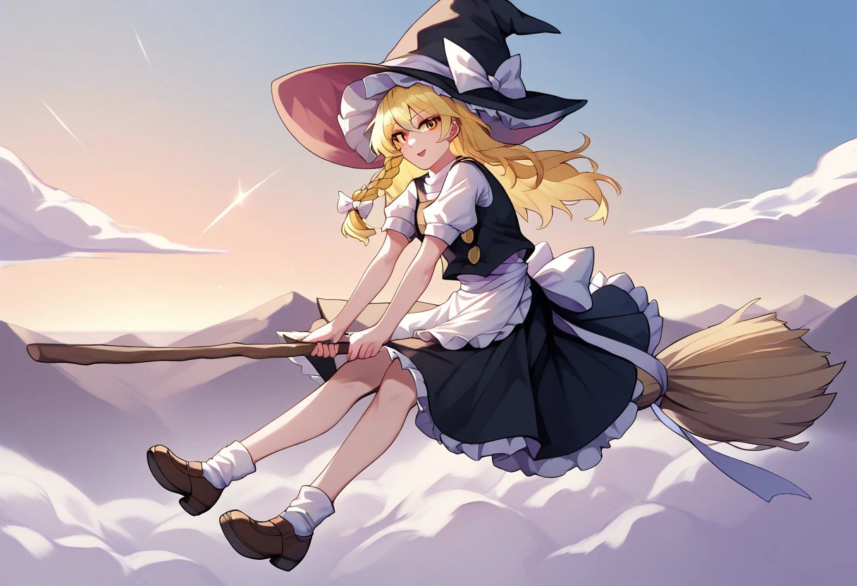 score_9, score_8_up, score_7_up, score_6_up, score_5_up, colourful, 8k, detailed face, makeup, 1girl, solo, kirisame marisa, blonde hair, yellow eyes, single braid, witch hat, white ribbon, black skirt, black shirt, short sleeves, waist apron, white sleeves, r1dingbroom, riding broom, broom, day, sky, flying, speed, wind,