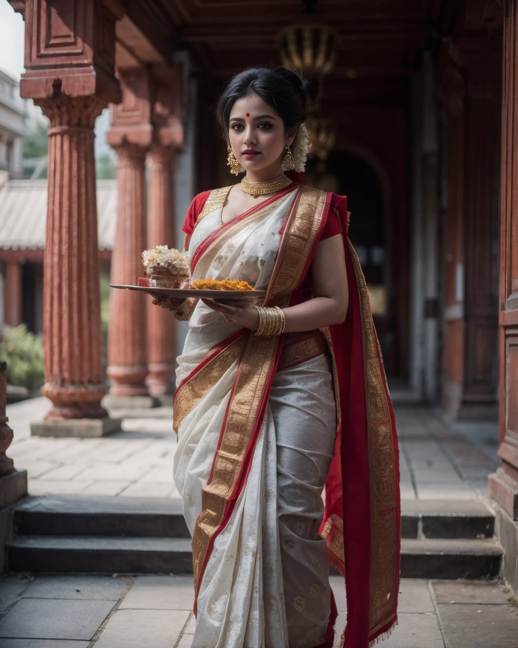 Masterpiece, SFW, a very cute 21yo beautiful girl, curvy, Busty, ((Detail Face)), Full body Portrait, ((Bengali Style Red and White Saree, Holding Ritual Plate)), Standing Pose, Standing in front of a Hindu Temple Courtyard, ((Detail Black Hair)), (French Twisted Messy Bun Hairstyle with Flower accessories), <lora:detail_slider_v4:1> <lora:real_hair:0.4> <lora:S-shape body:1> <lora:backlight_slider_v10:-2> <lora:ccmakeupå¦å®¹:1> <lora:0 Bengali Saree:0.6>, detailed skin texture, (blush:0.5), (goosebumps:0.5), subsurface scattering