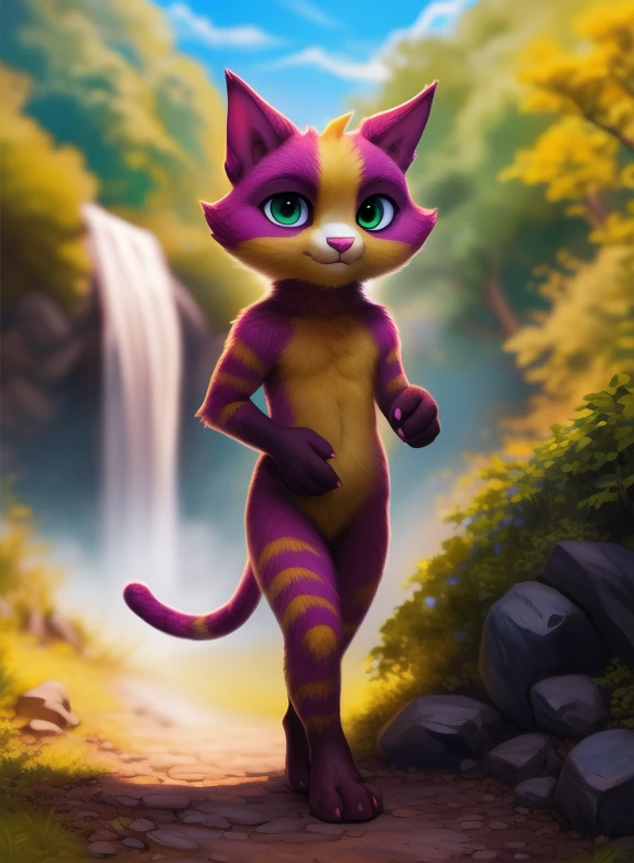 <lora:LinoCatUmaAveYif:0.9> LinoCatUmaAve, cat, pink nails, nude, naced ,  purple fur with yellow, tail, pink nose, light green eyes,
Looks at the viewer,   day, [  solo, nature, day, clouds, waterfall, flover]  (( walking, ))
(beautiful, aesthetic, perfect, delicate, intricate, saturated colors), masterpiece, digital drawing, best quality,
by ulitochka, by taran fiddler, by Silverfox5213, by personalami,