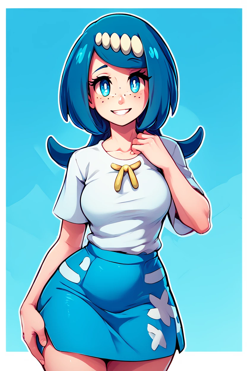 score_9, score_8_up, score_8, medium breasts, (curvy), cute, eyelashes,       BREAK, , zzLanasMother, blue hair, blue eyes, long hair, freckles, large breasts, hair ornament, white shirt, blue skirt, <lora:LanasMother_Pokemon_PDXL_Citron:0.8>, , BREAK, smile, looking at viewer,  abstract background, white outline, cowboy shot, embedding:zPDXL, Expressiveh, <lora:theOtherHalfPDXL:0.8>,  <lora:CatalystStylePDXL:0.6>,  <lora:SDXLFaeTastic2400:0.5>,  <lora:Expressive_H-000001:0.4>,