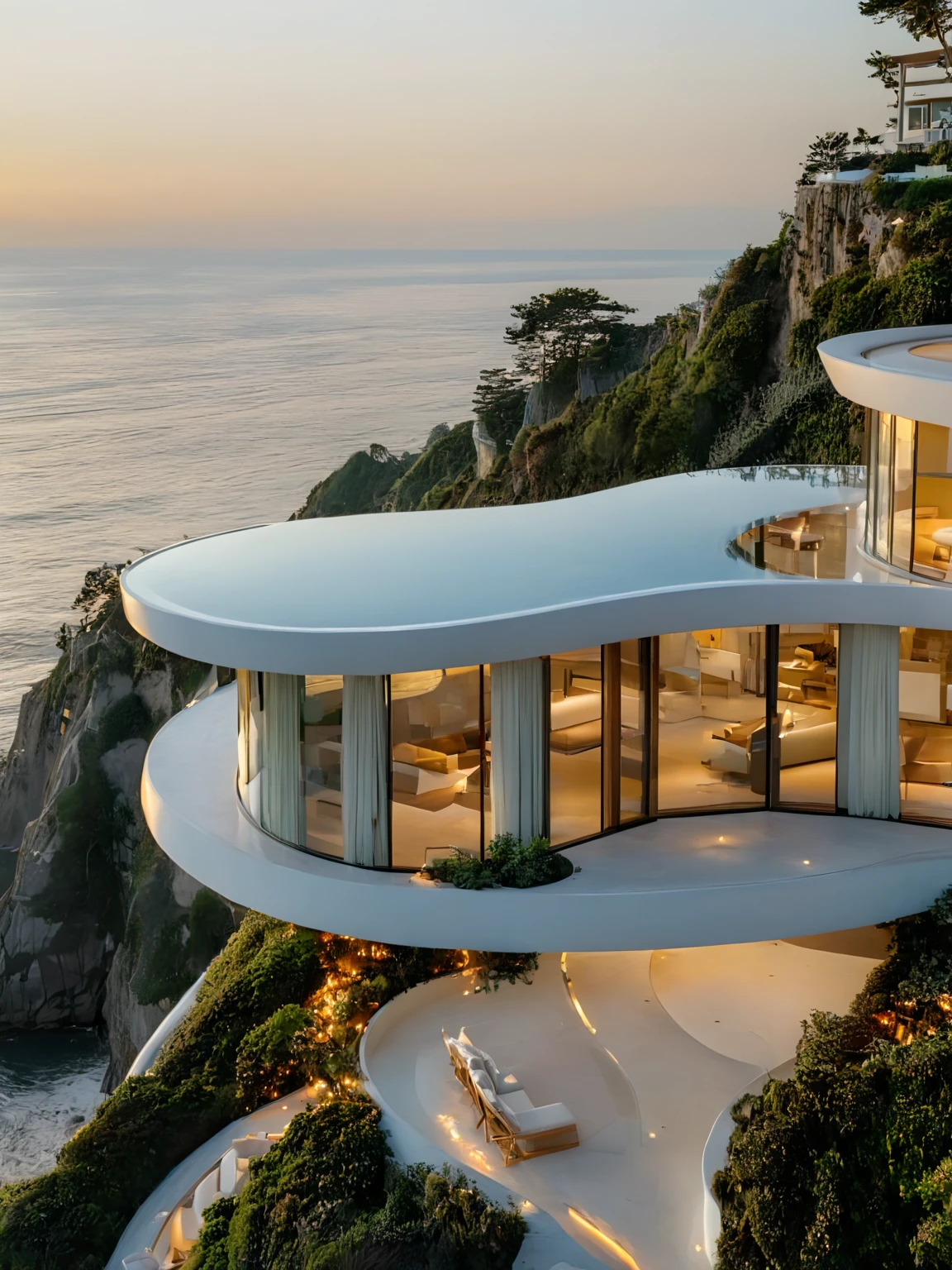 <lora:JJsCliffHouse_XL:1> , ((Cliff House)),  masterpiece, best quality,  cloud, building, no humans, outdoor, plant, scenery, skyt, tree,  center composition,  golden hour, ocean, curvy, glass,