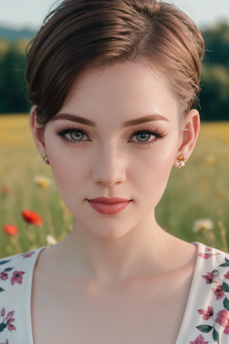 <lora:danielleriley-06:0.6>,,danielleriley, ((red lipstick, blush, pale skin)),  ((masterpiece, best quality, extremely detailed, high resolution)), ((detailed eyes, detailed face)),((fully clothed, modest)), ,photo of a woman, RAW, close portrait photo, ((beautiful floral print sundress)),((short hair, pixie cut)), ((outdoors, gorgeous meadow, walking)),  8k uhd, dslr, soft lighting, high quality, film grain, Fujifilm XT3 sharp focus, f 5.6,, slight smile, ((detailed eyes, beautiful eyes, detailed face, beautiful face)),