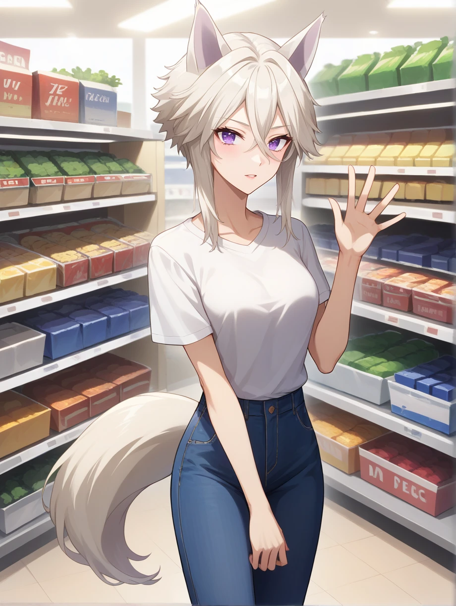 score_9, score_8, score_7_up, source_anime,
zeta, white hair, short hair, animal ears, animal ear fluff, dog tail, purple eyes,  hair between eyes, 1girl, 
shopping, supermarket, denim, shirt, waving
<lora:Expressive_H:0.2> <lora:StS_PonyXL_Detail_Slider_v1.4_iteration_3:0.2> <lora:housechores-guy-PONYv1:0.3>   <lora:zeta v0.1 4_R:0.75>