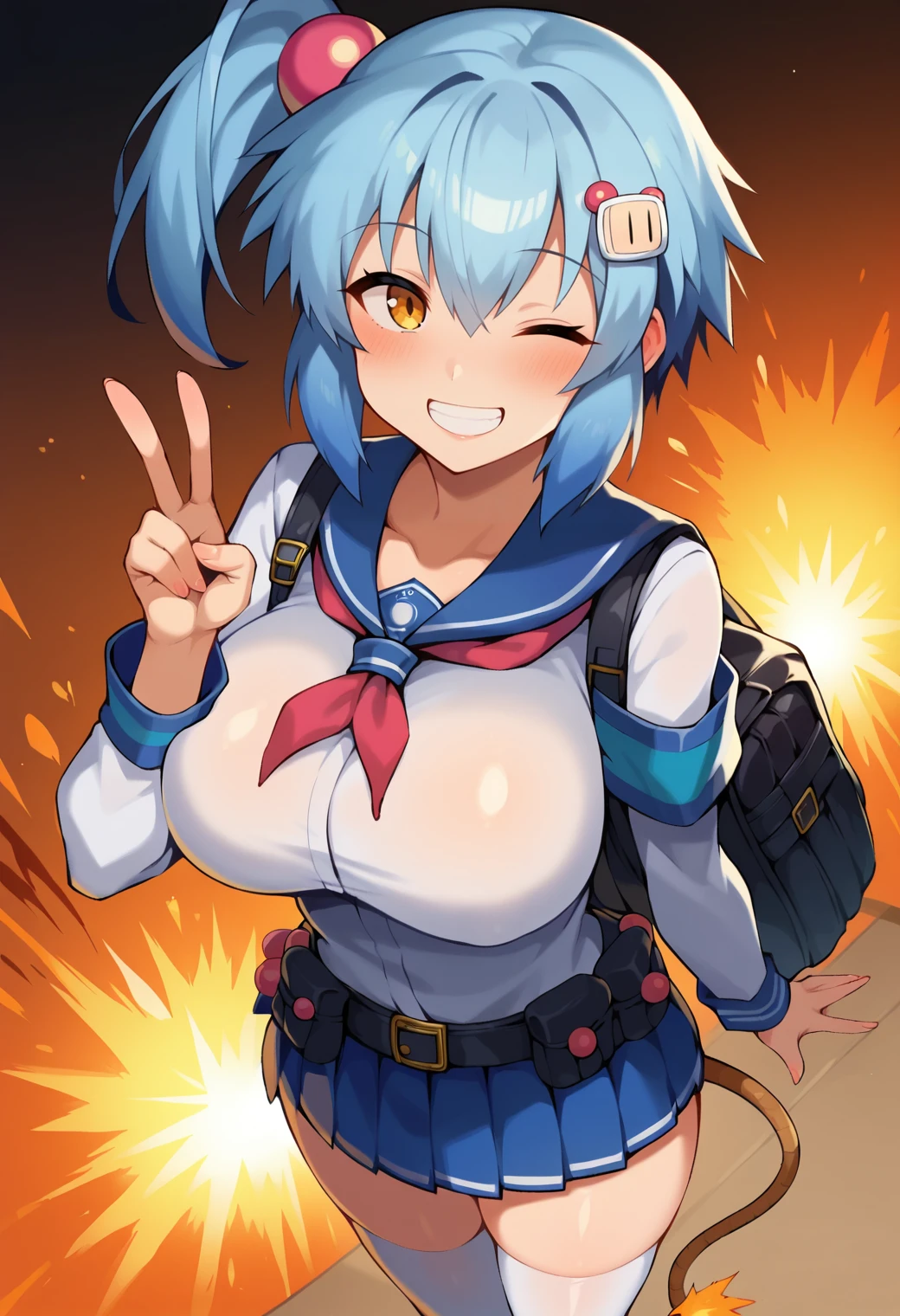 score_9, score_8_up, score_7_up, BREAK from side, ,macro shot,bulma, blue eyes, blue hair,bare shoulders, belt, cleavage, hair bobbles, hair ornament, hair over shoulder, (big breast),midriff, navel, one side up, red tube top, shorts, side ponytail, (strapless, tube top,under_boob:1.2),(arms up,arms behind back,contrapost,standing),